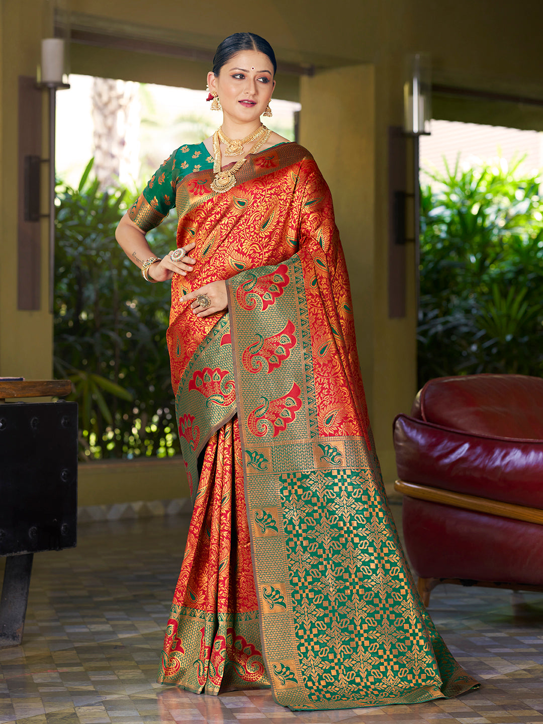 Red Green Banarasi Silk Woven Wedding Saree