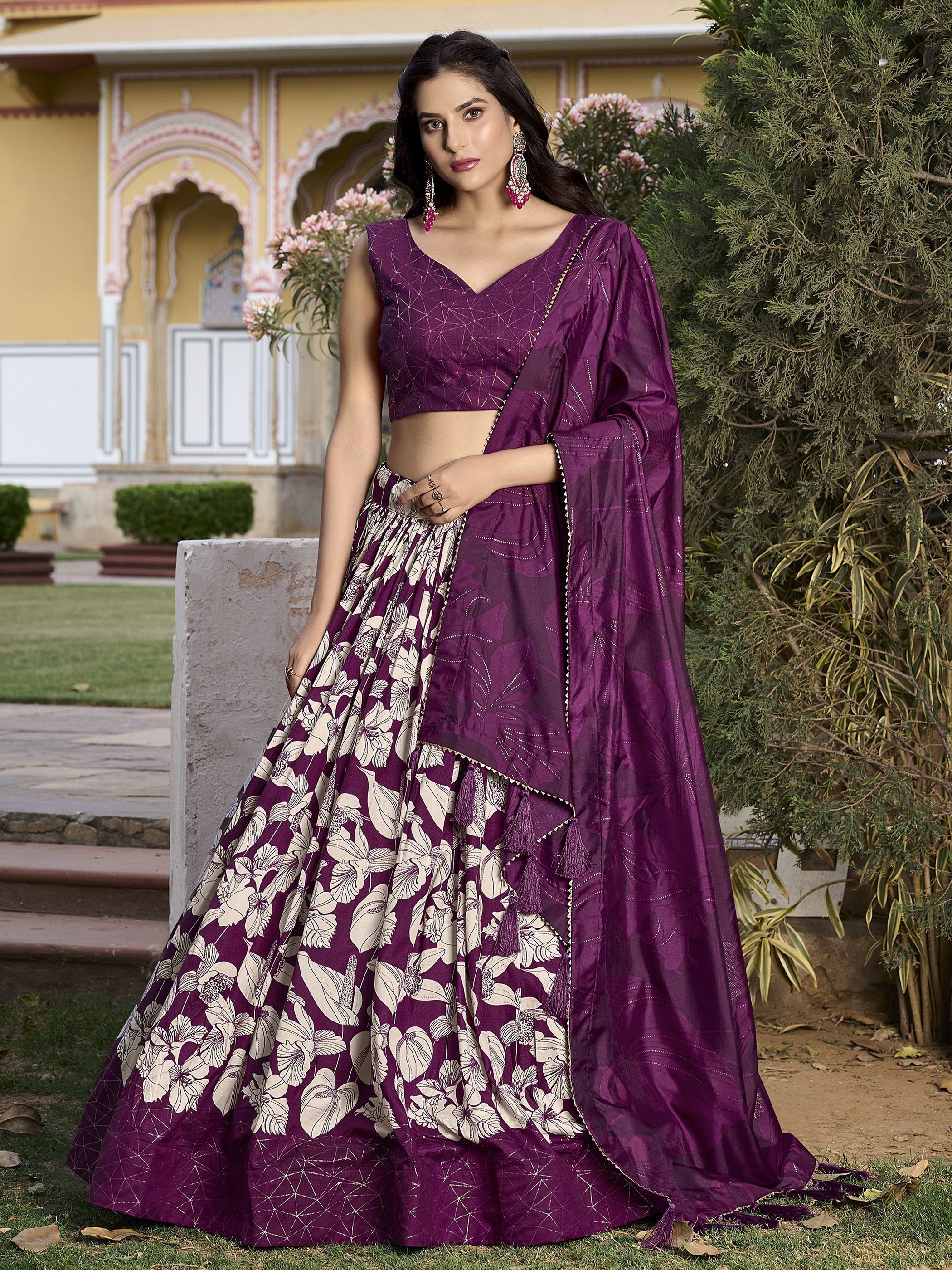 Purple Festive Wear Foil Printed Tussar Silk Lehenga Choli