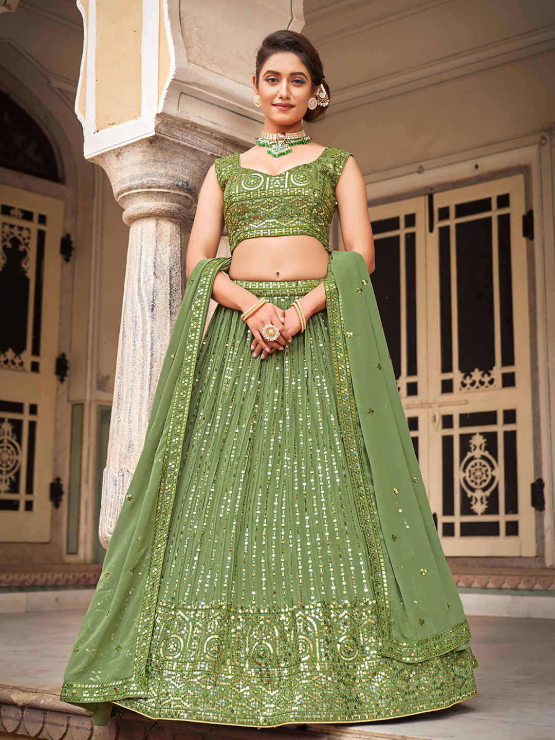 Green Designer Georgette Embroidered Lehenga Choli