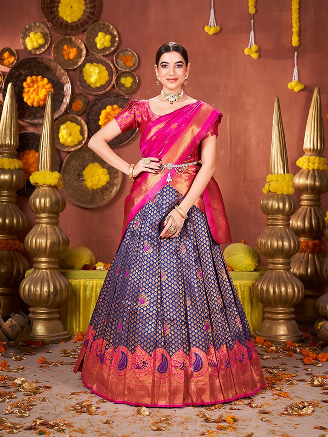 Blue Pink Banarasi Silk Half Saree Lehenga Choli