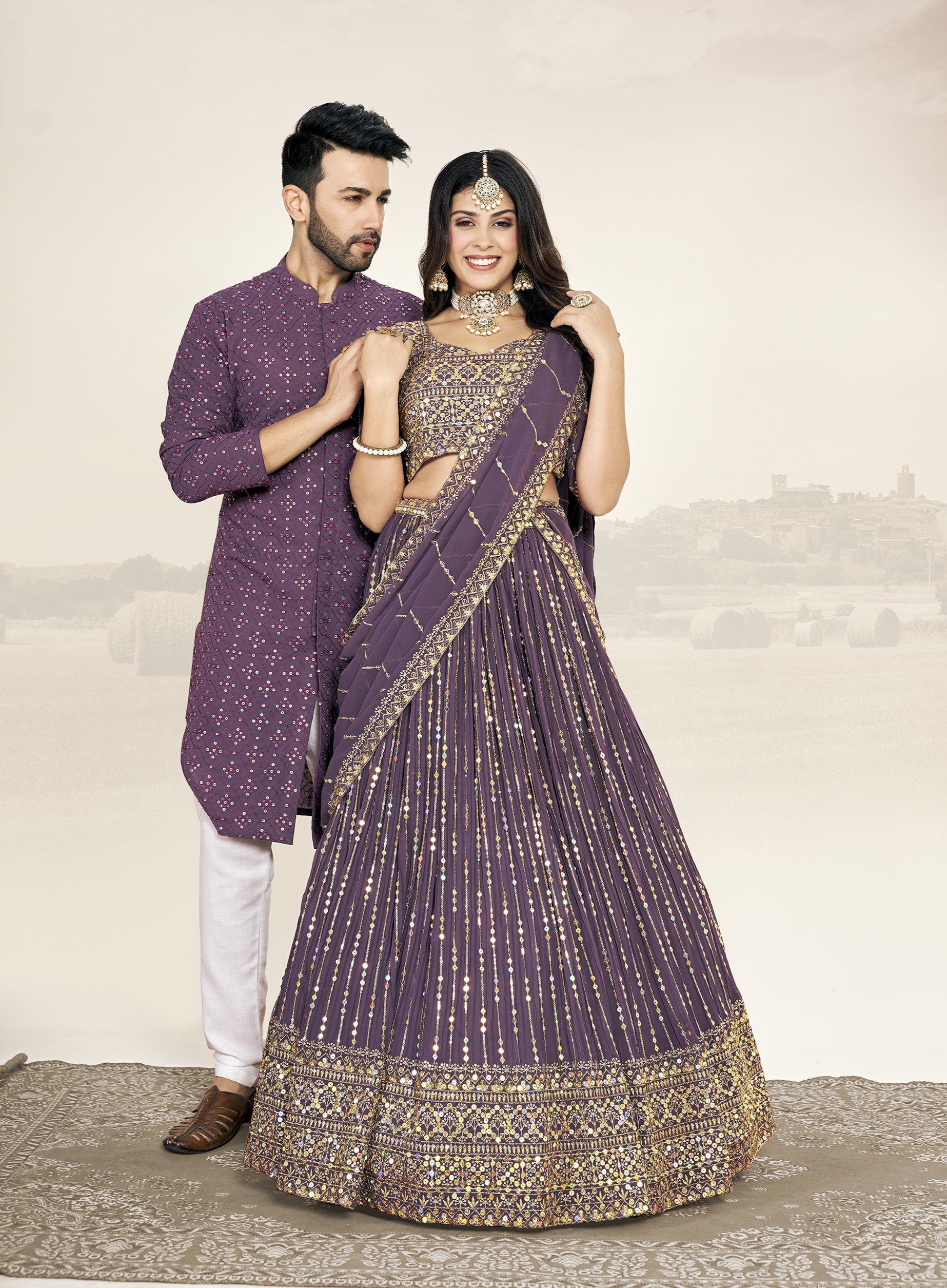 Purple Soft Georgette Embroidered Wedding Wear Couple Wear Set