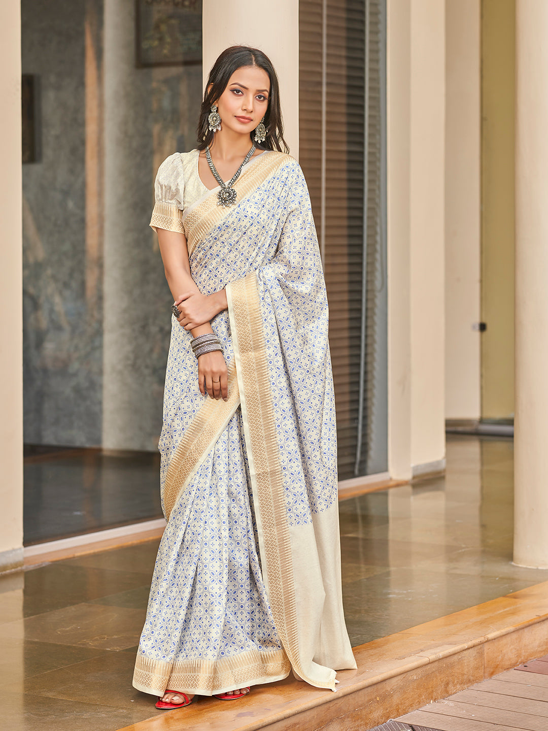 Off White Printed Zari Cotton Silk Saree