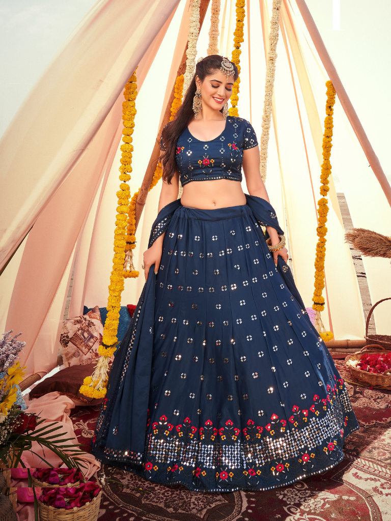 Blue Diwali Special Chinon Based Floral Embroidered Lehenga Choli