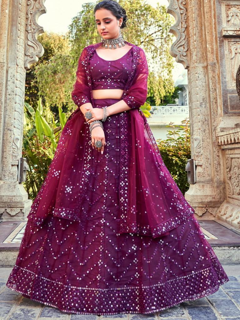 Fancy Wine Sequins Embroidered Soft Net Wedding Lehenga Choli