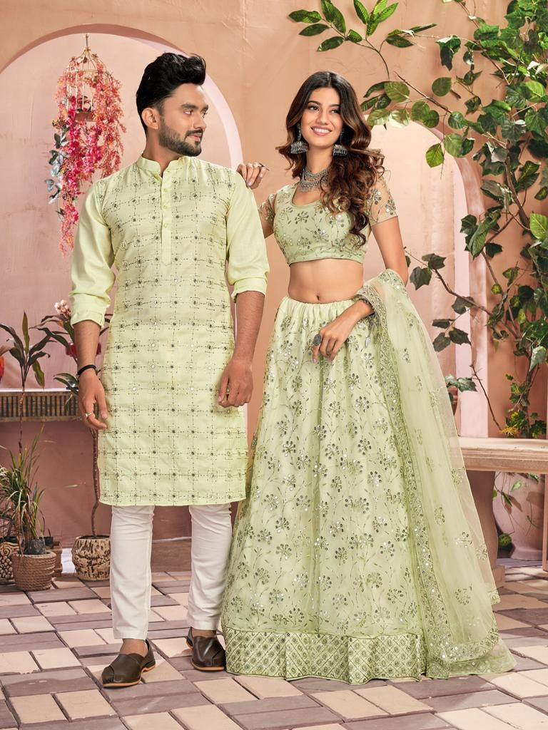 Pista Green Colour Net Wedding Lehenga.