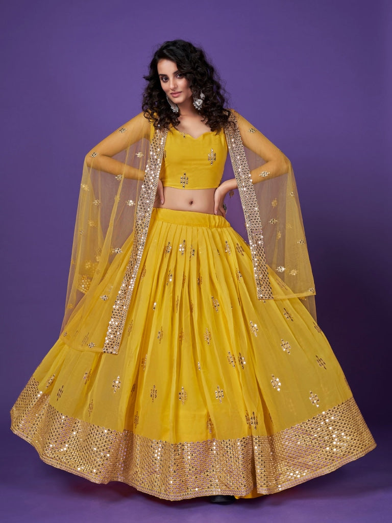 Indian Designer Yellow color Faux Georgette newest with 9mm+3mm Sequnce work lehenga choli with Dupatta, Haldiceremonylehenga,Chaniya choliforwomen