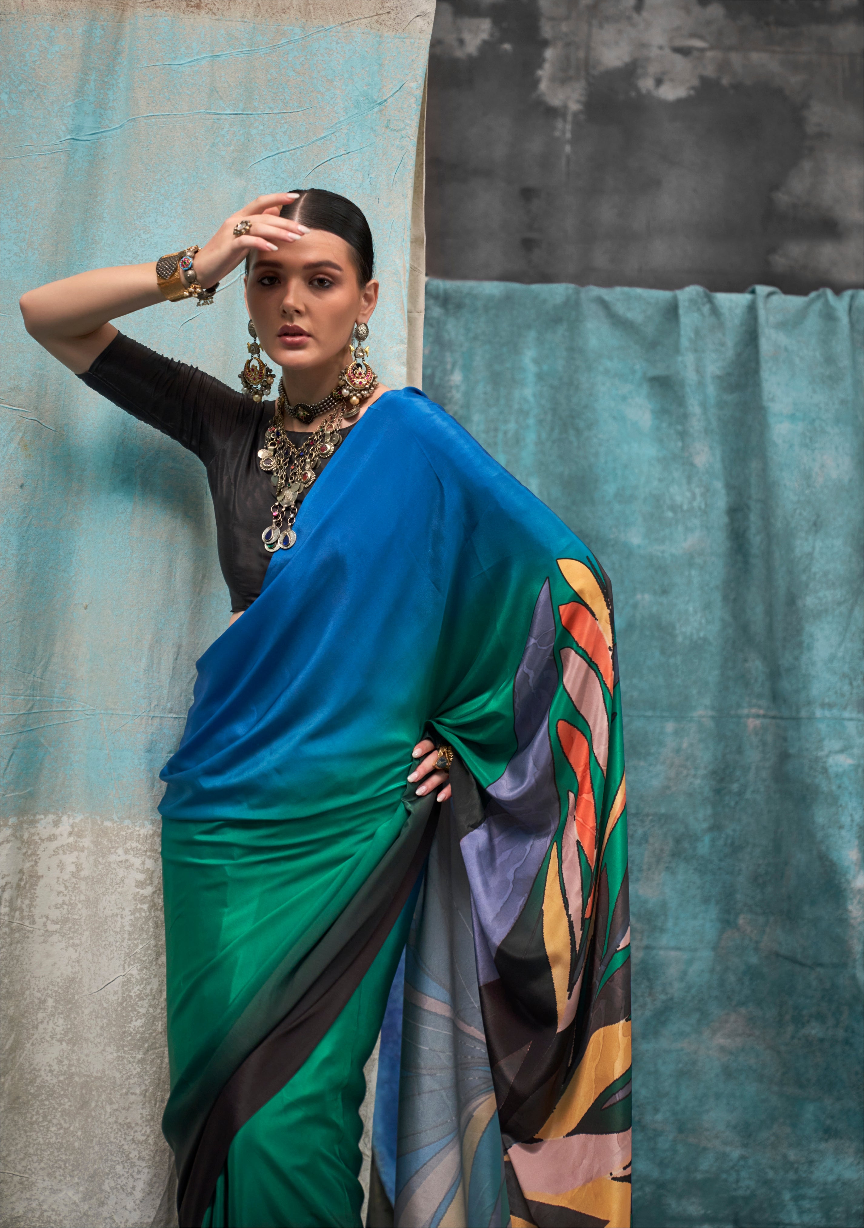 Blue & Multi Pure Silk Crepe Digital Printed Fancy Saree