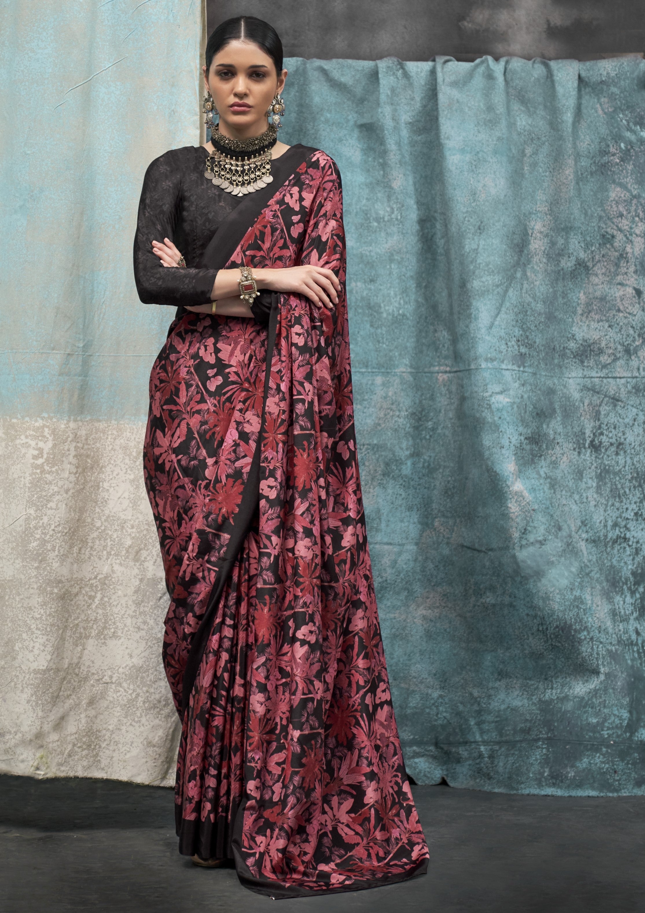 Red & Black Pure Silk Crepe Digital Printed Fancy Saree