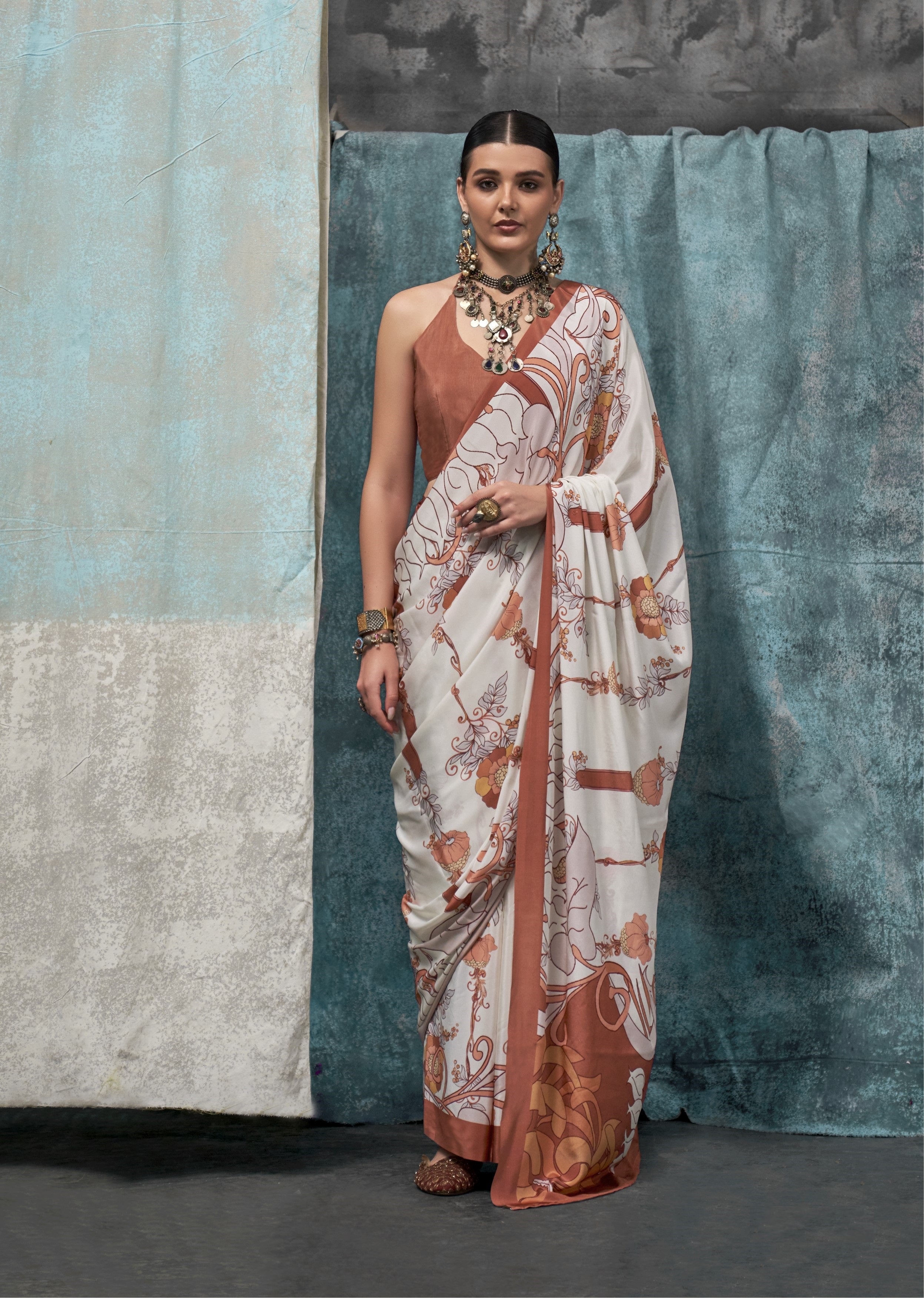 White & Brown Pure Silk Crepe Digital Printed Fancy Saree