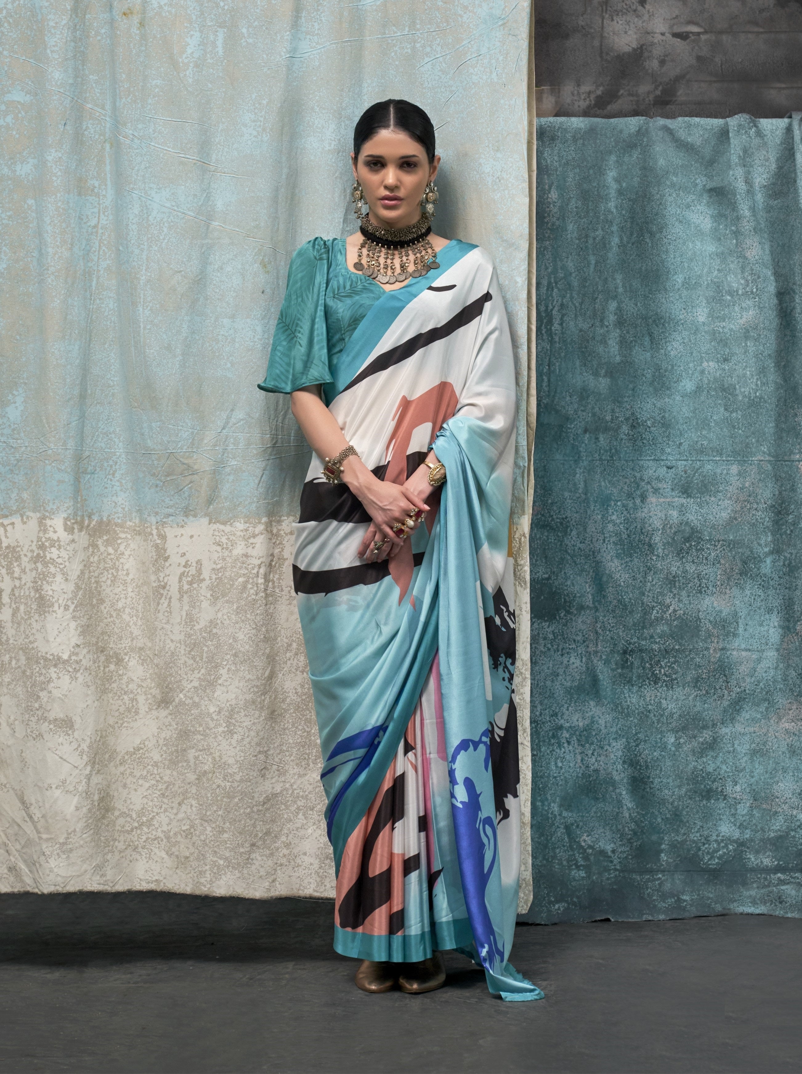 Light Blue & White Pure Silk Crepe Digital Printed Fancy Saree