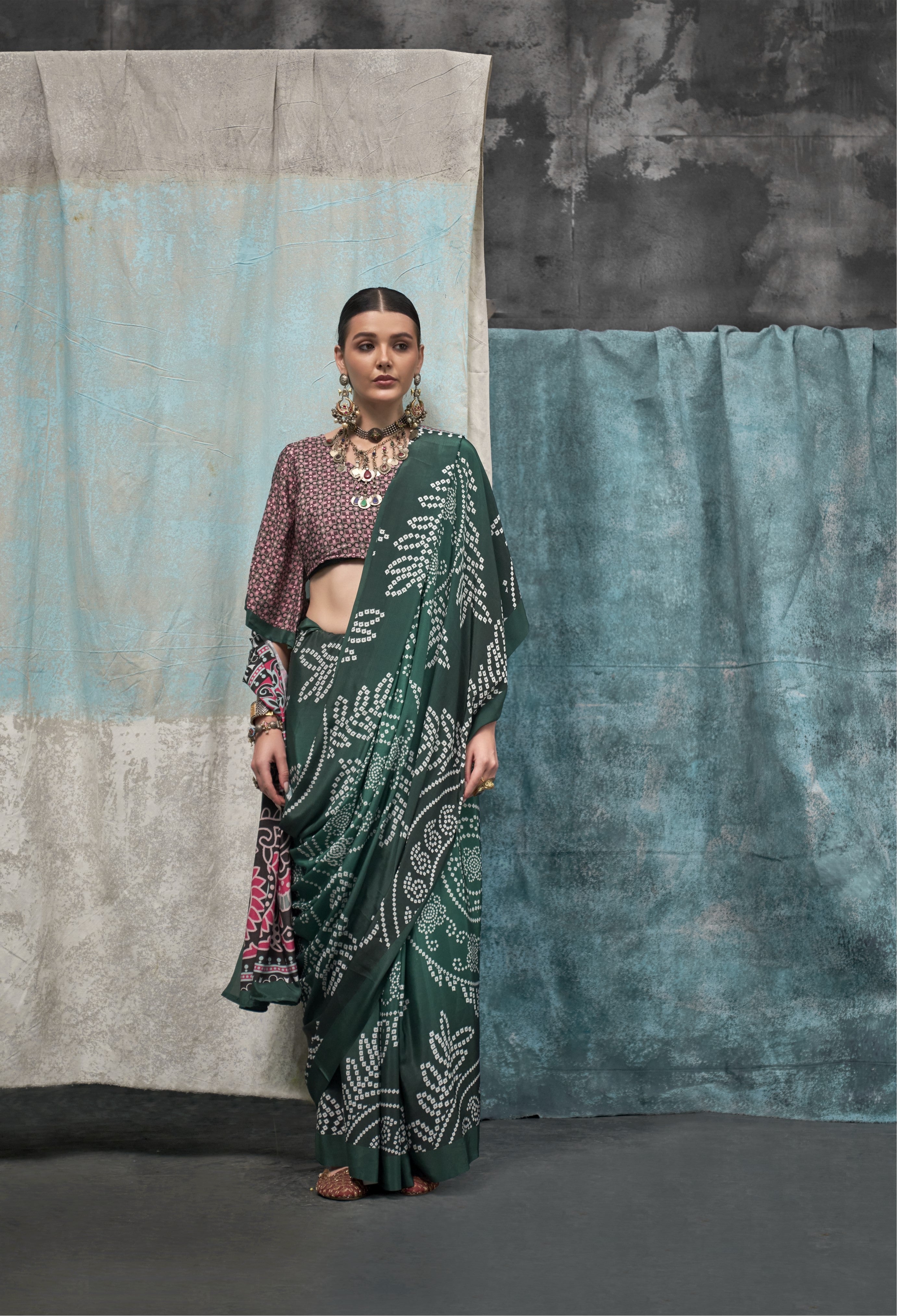 Green & Mauve Pure Silk Crepe Digital Printed Fancy Saree