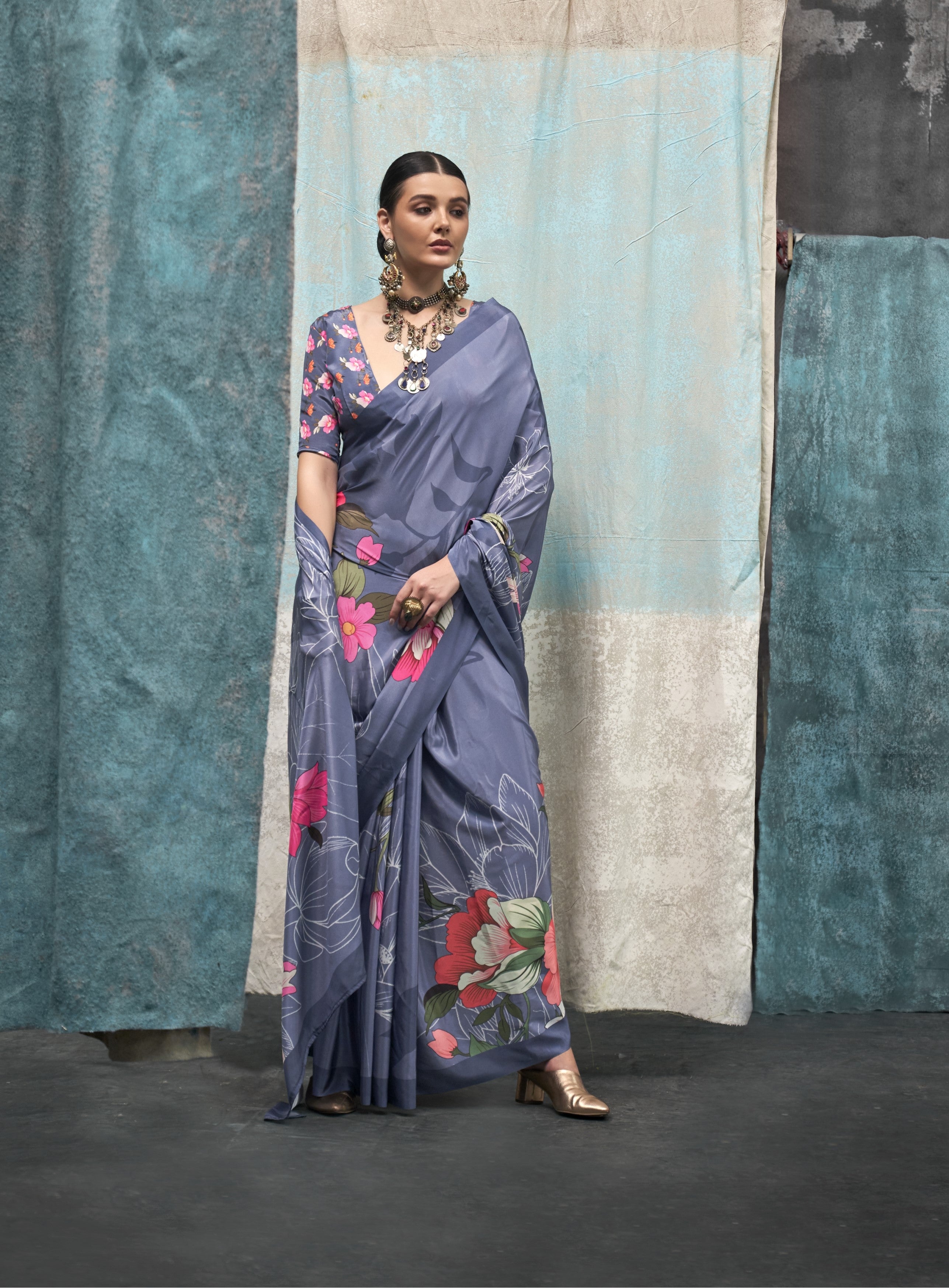 Dove Grey Pure Silk Crepe Digital Printed Fancy Saree