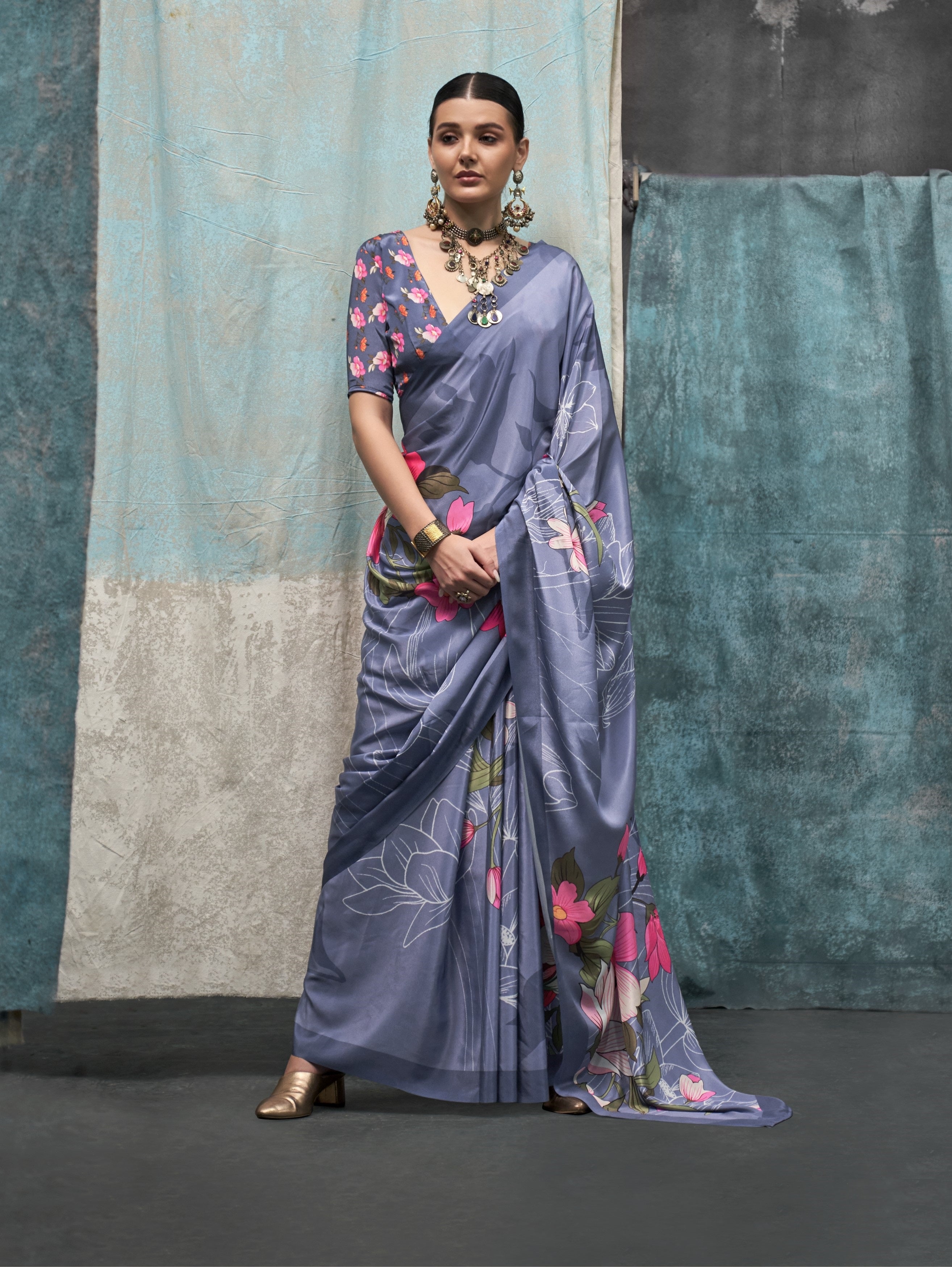 Dove Grey Pure Silk Crepe Digital Printed Fancy Saree