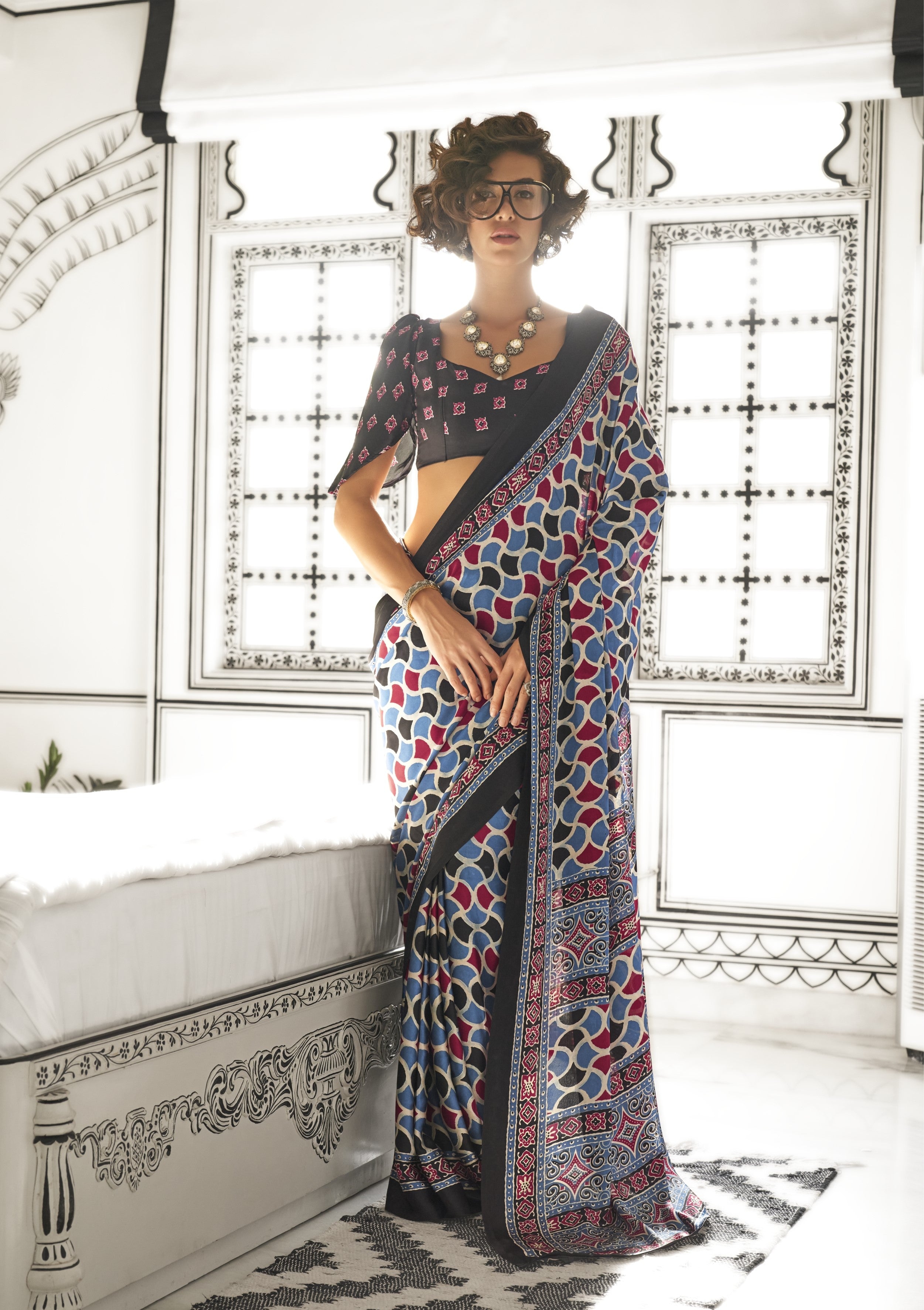 Multicolor Satin Crepe Ajrakh Printed Fancy Saree