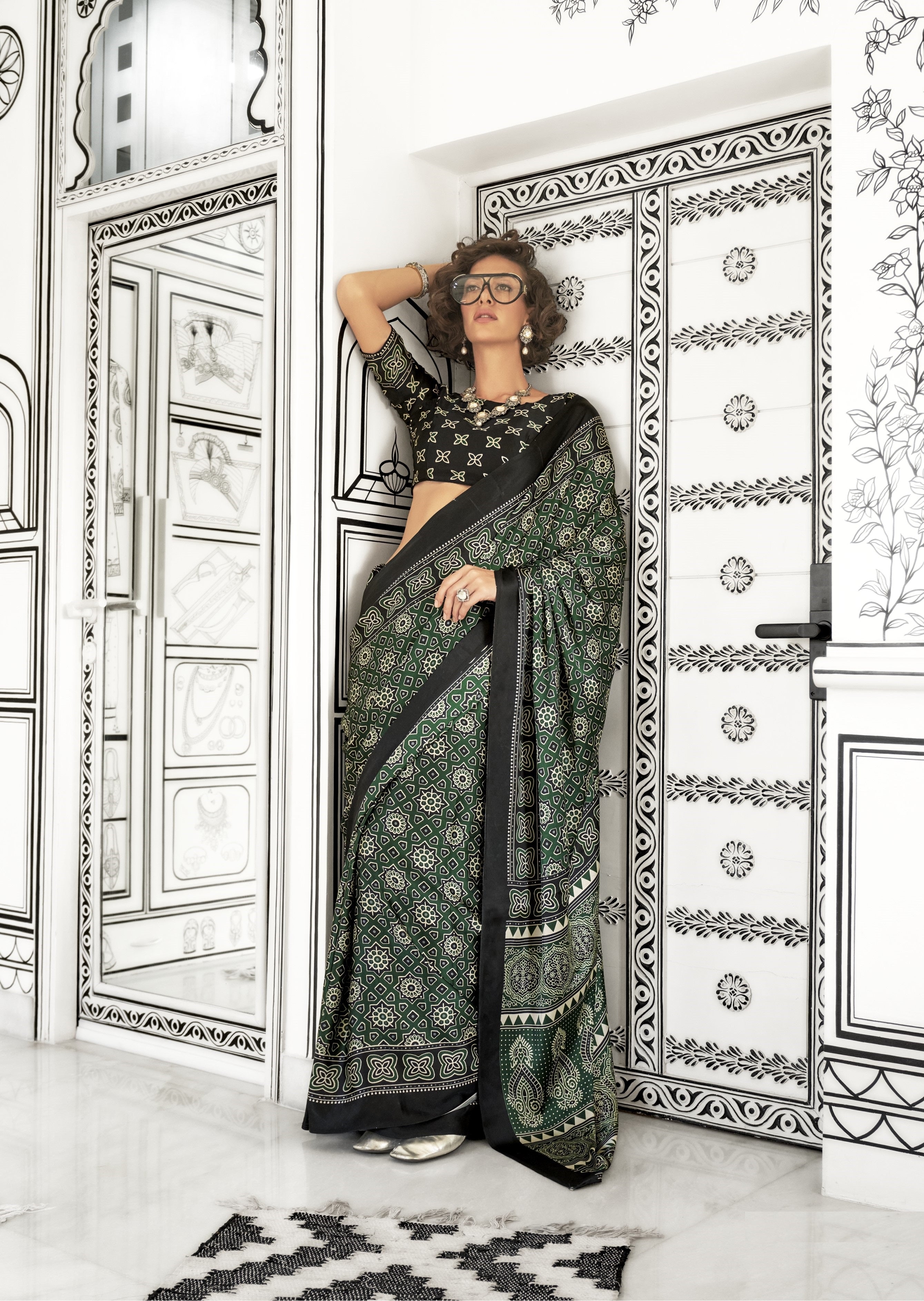 Green & Black Satin Crepe Ajrakh Printed Fancy Saree