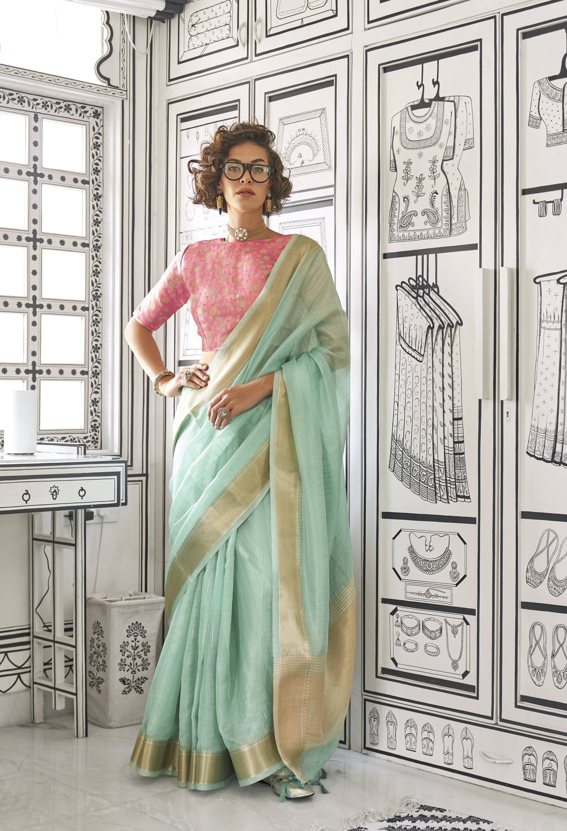 Sea Green Moss Chiffon Hand Woven Saree With Jacquard Blouse