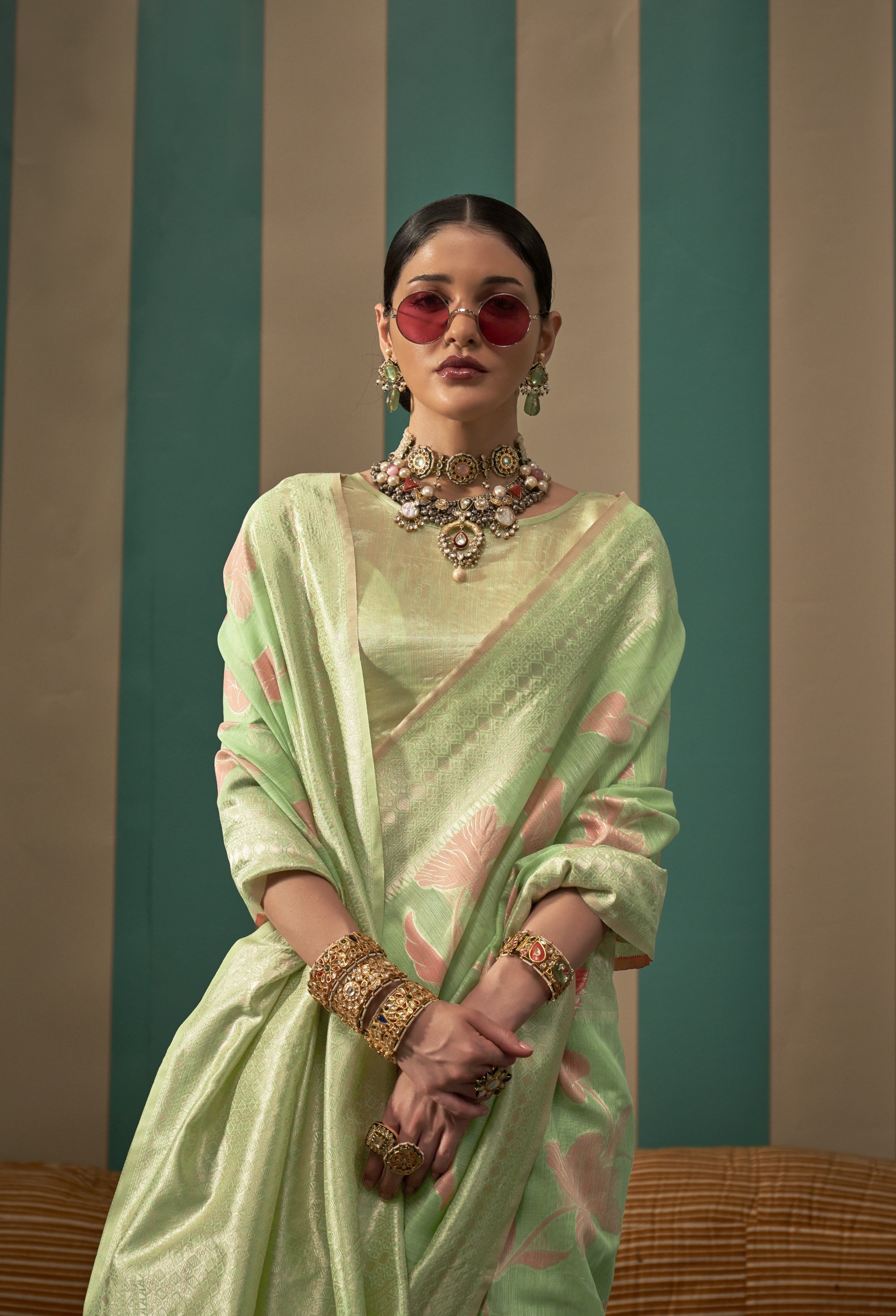 Pista Green Handloom Weaving Linen Saree With Blouse