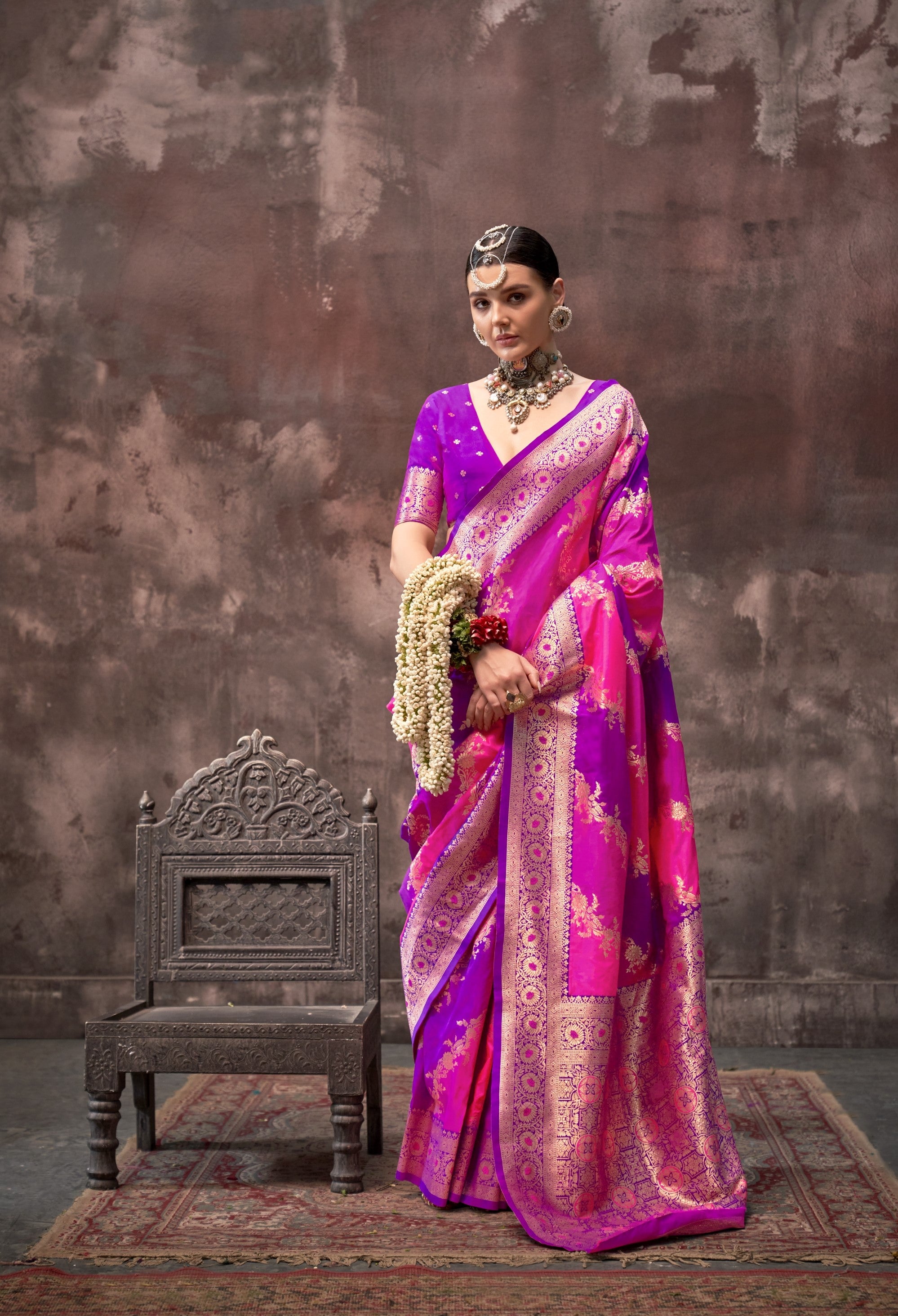 Pink & Purple Kookal Silk Handloom Woven Saree With Blouse