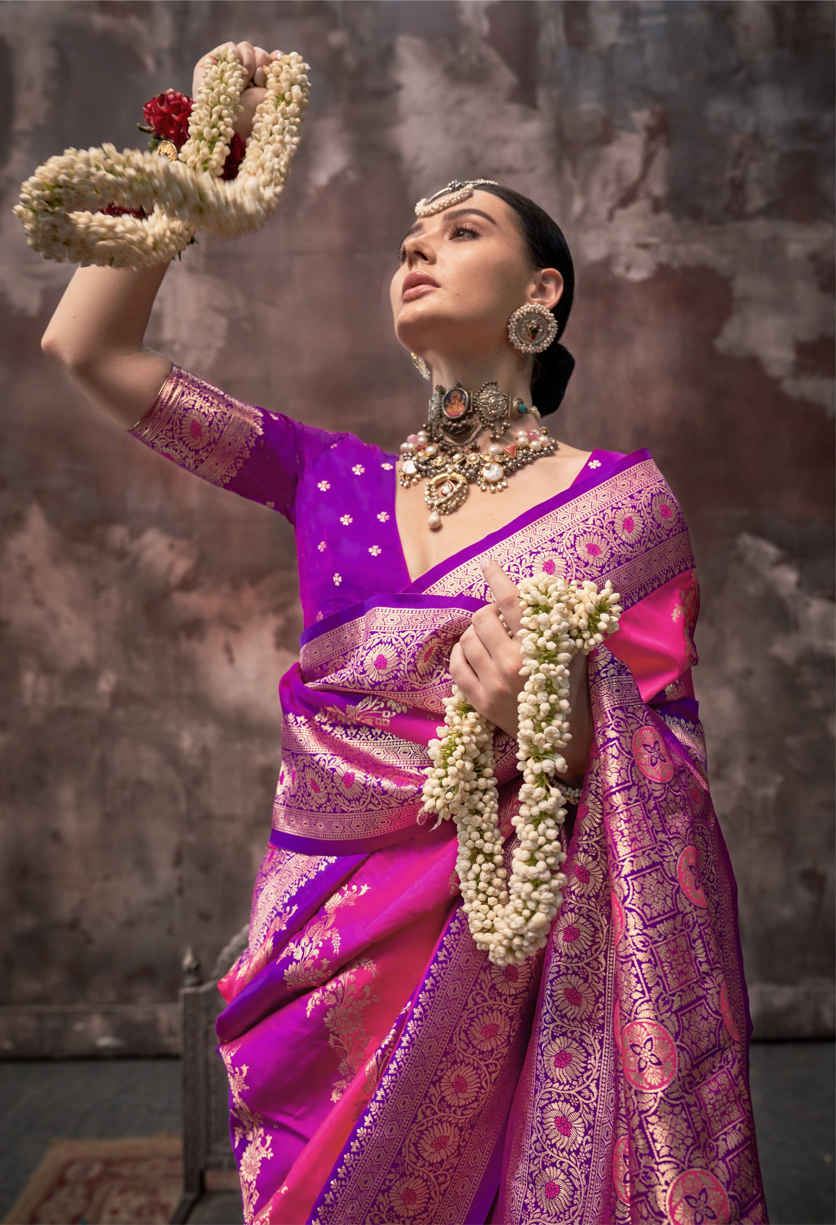 Pink & Purple Kookal Silk Handloom Woven Saree With Blouse