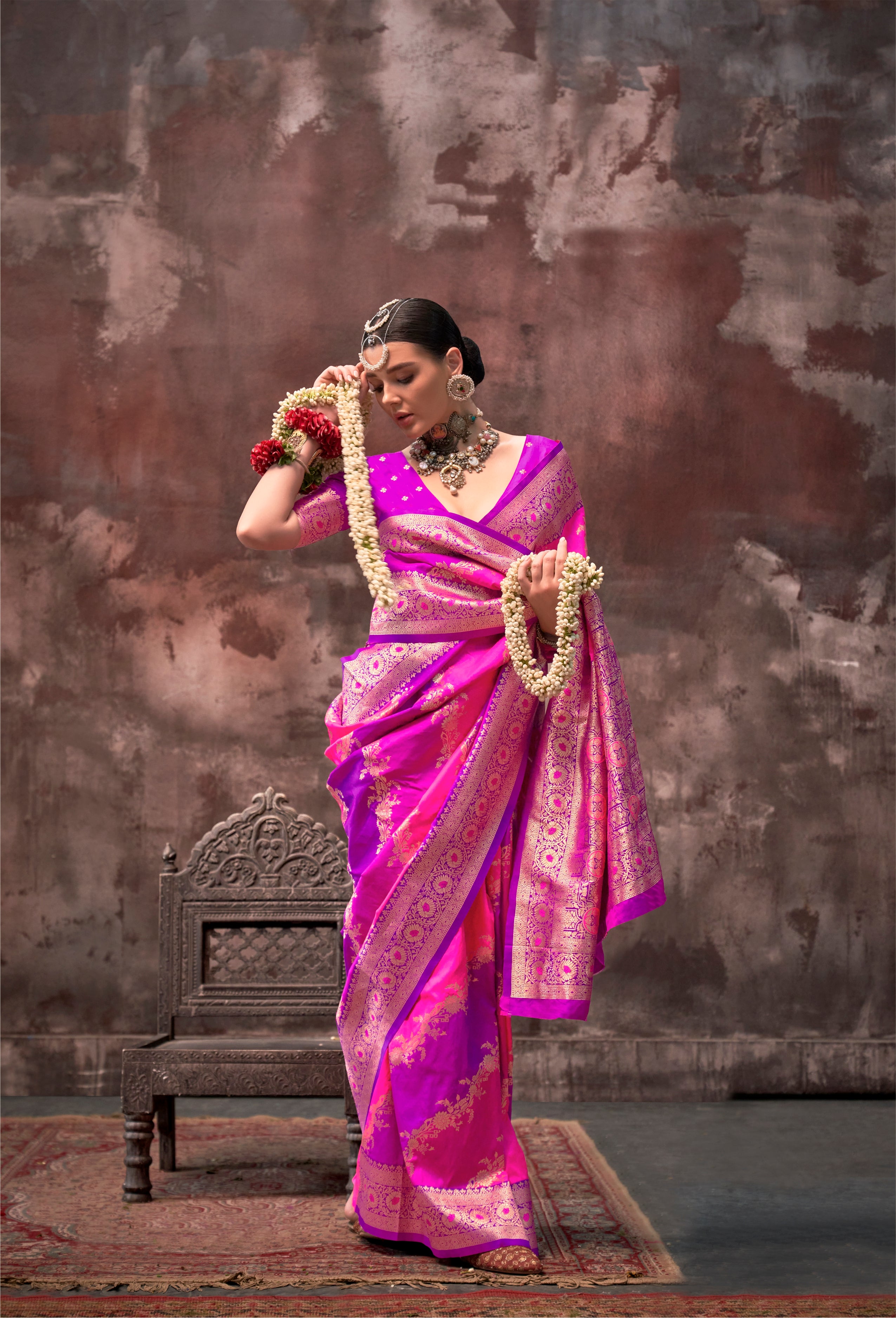 Pink & Purple Kookal Silk Handloom Woven Saree With Blouse