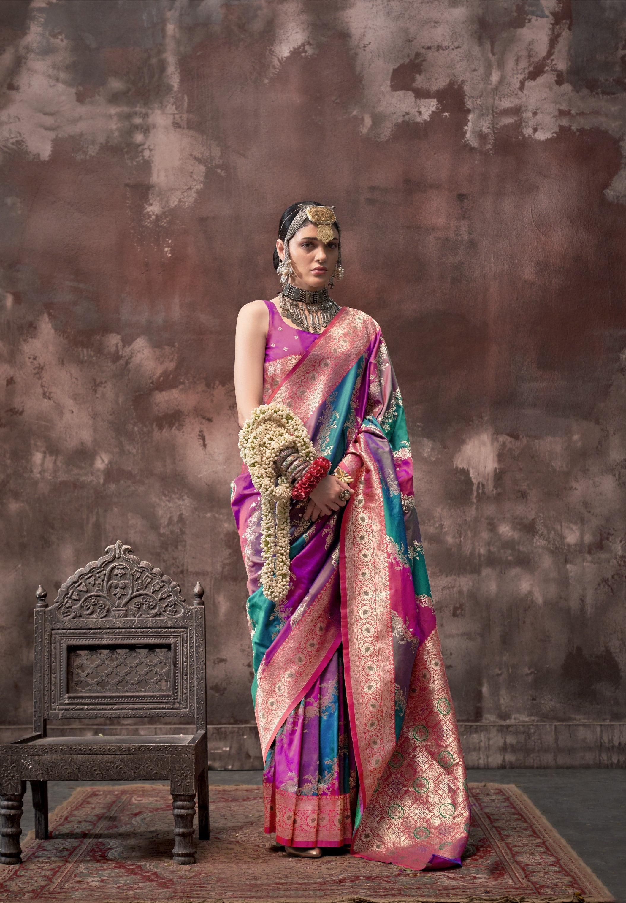 Pink & Multi Kookal Silk Handloom Woven Saree With Blouse