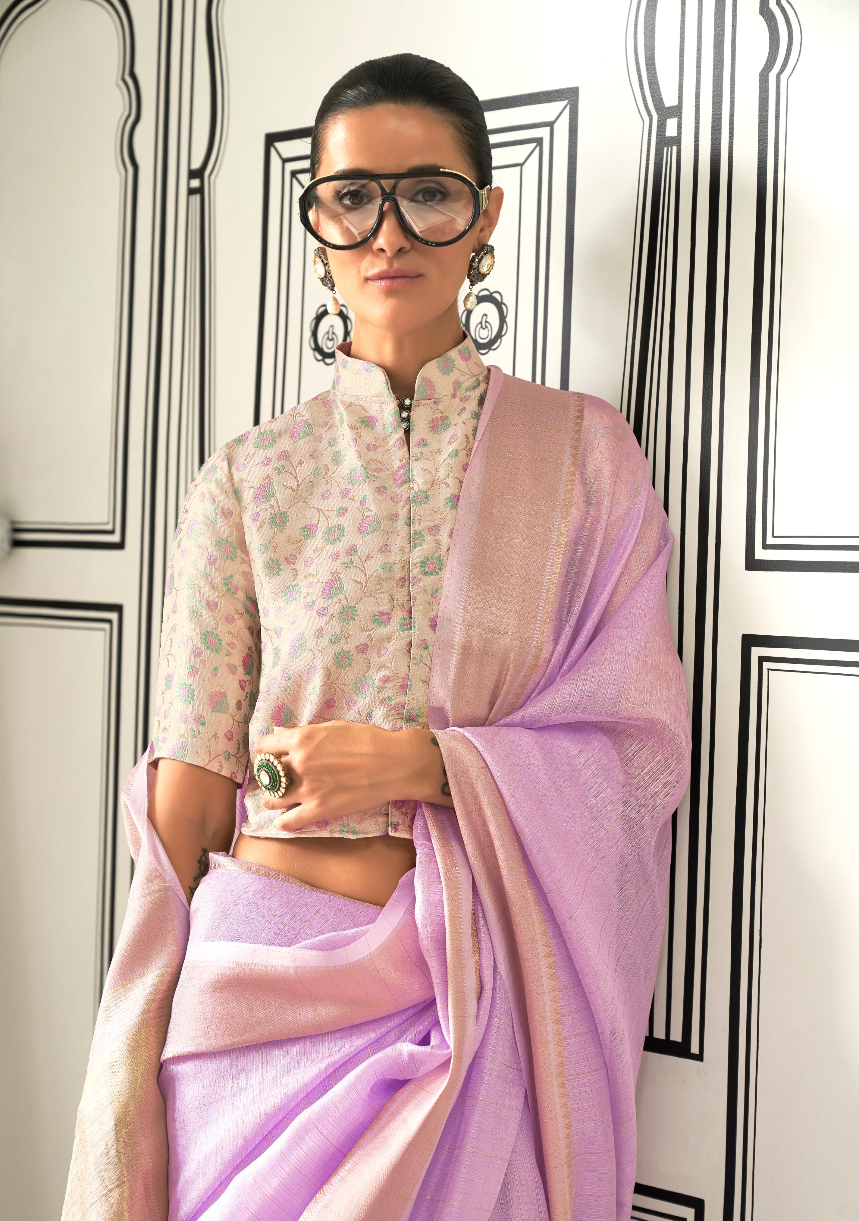 Lavender Moss Chiffon Hand Woven Saree With Jacquard Blouse