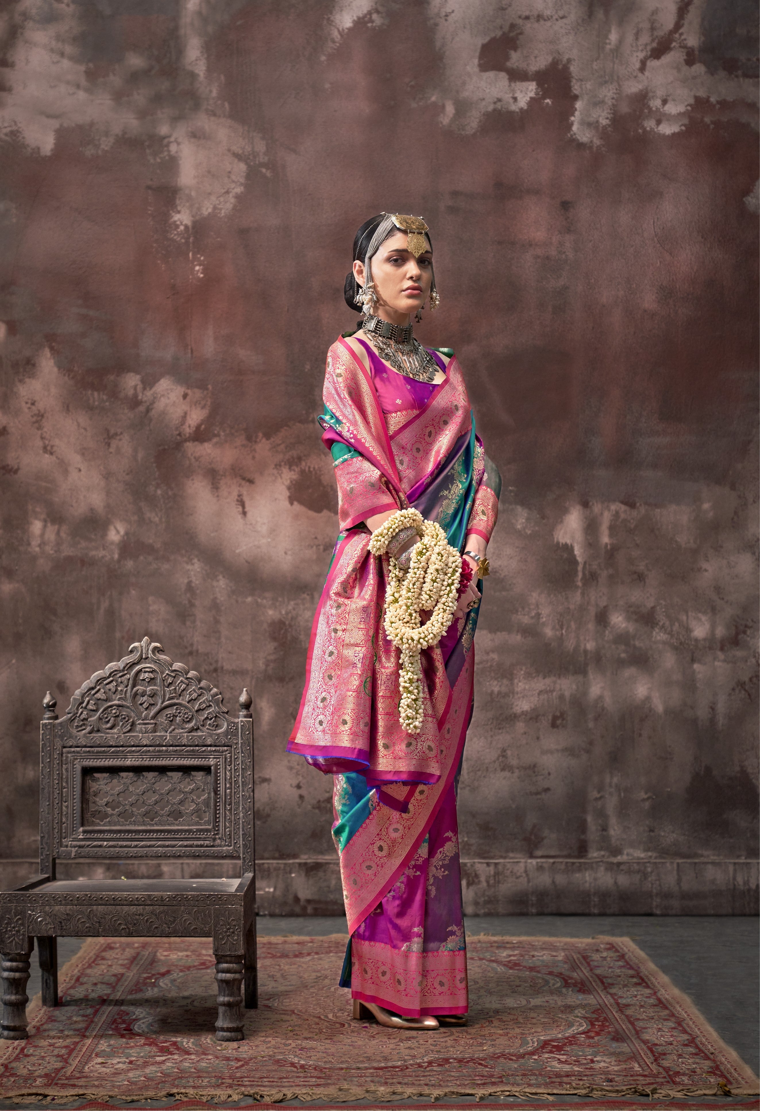 Pink & Multi Kookal Silk Handloom Woven Saree With Blouse