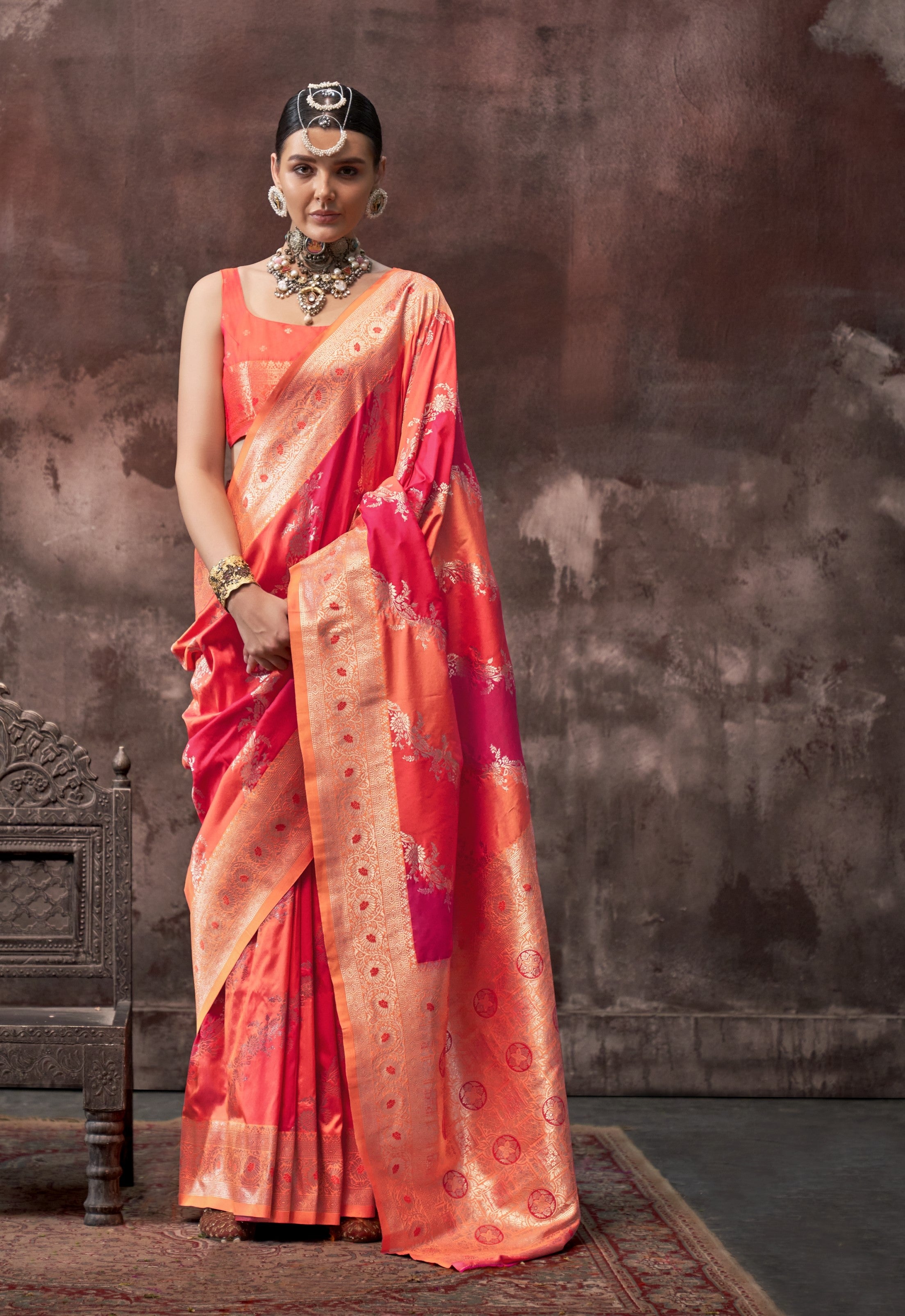 Pink & Orange Kookal Silk Handloom Woven Saree With Blouse