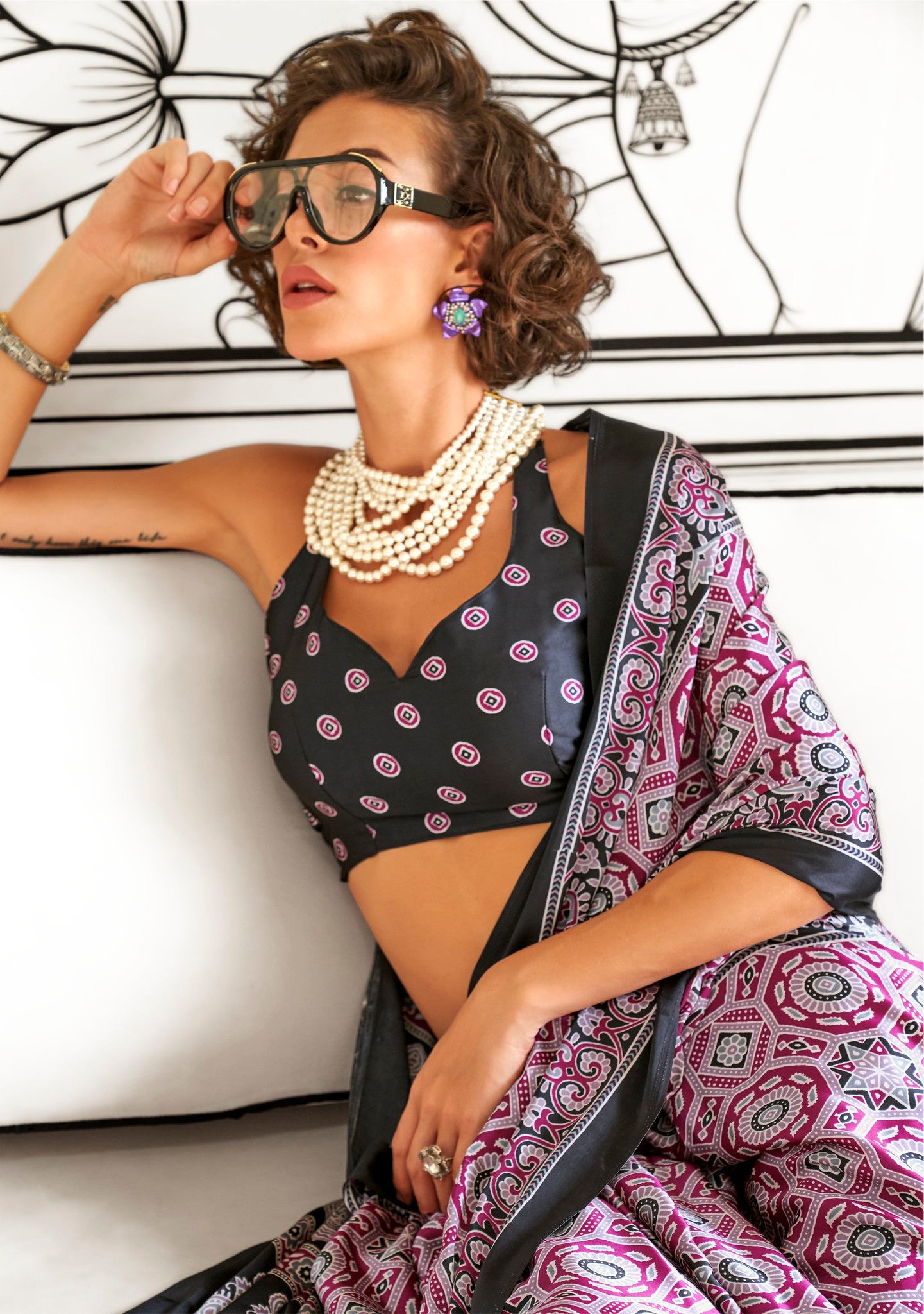 Magenta & Black Satin Crepe Ajrakh Printed Fancy Saree