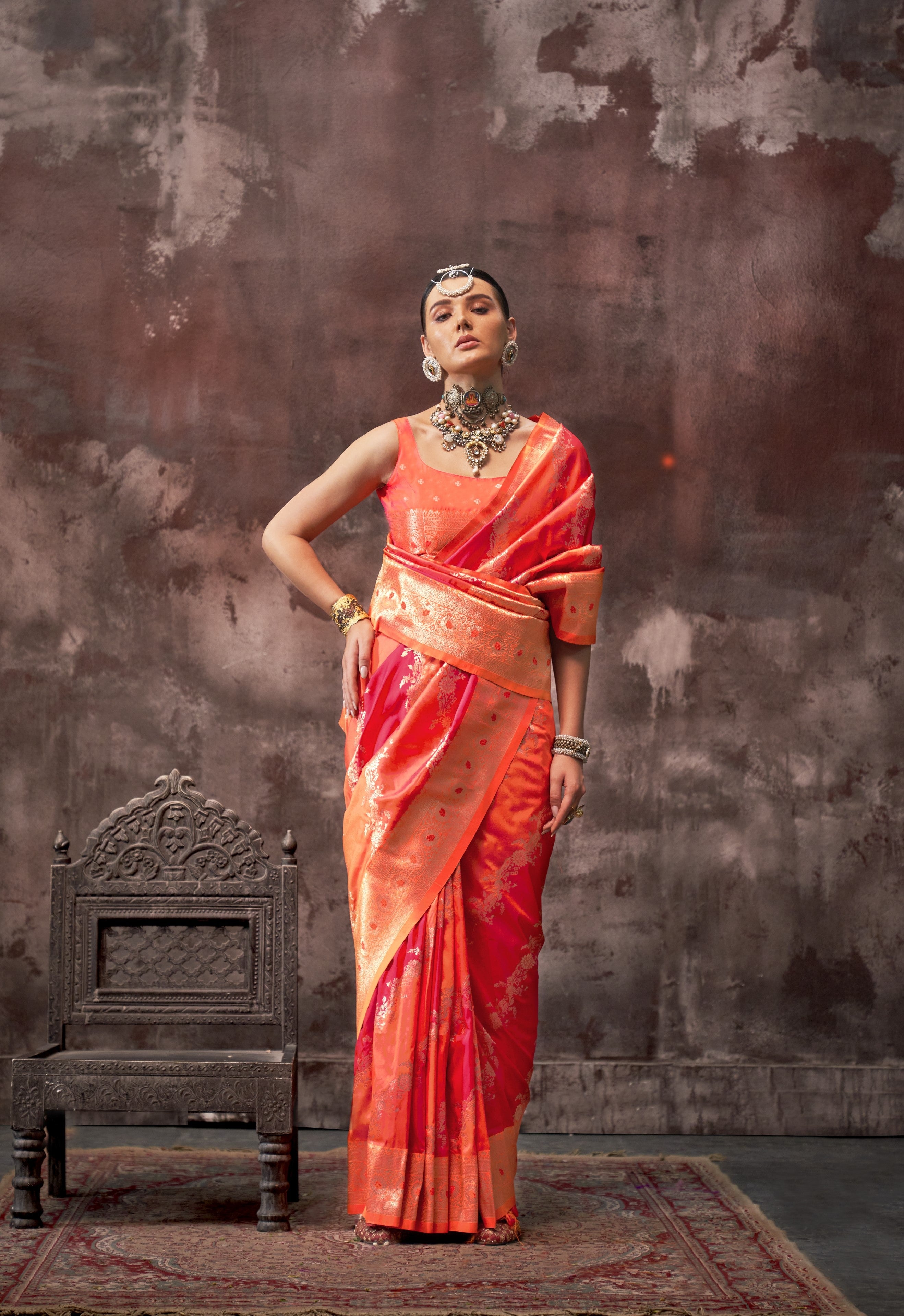 Pink & Orange Kookal Silk Handloom Woven Saree With Blouse