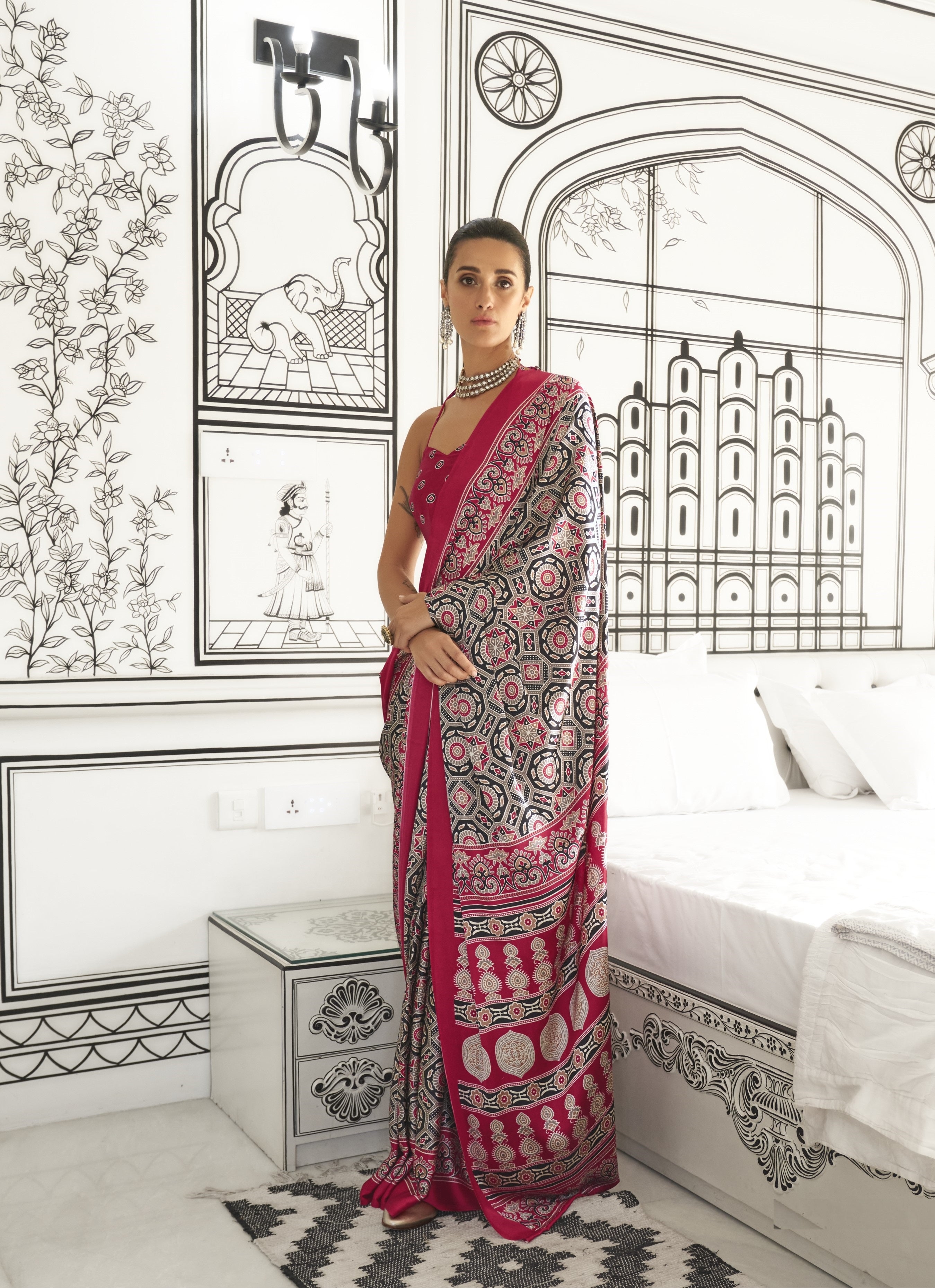 Pink & Multi Satin Crepe Ajrakh Printed Fancy Saree