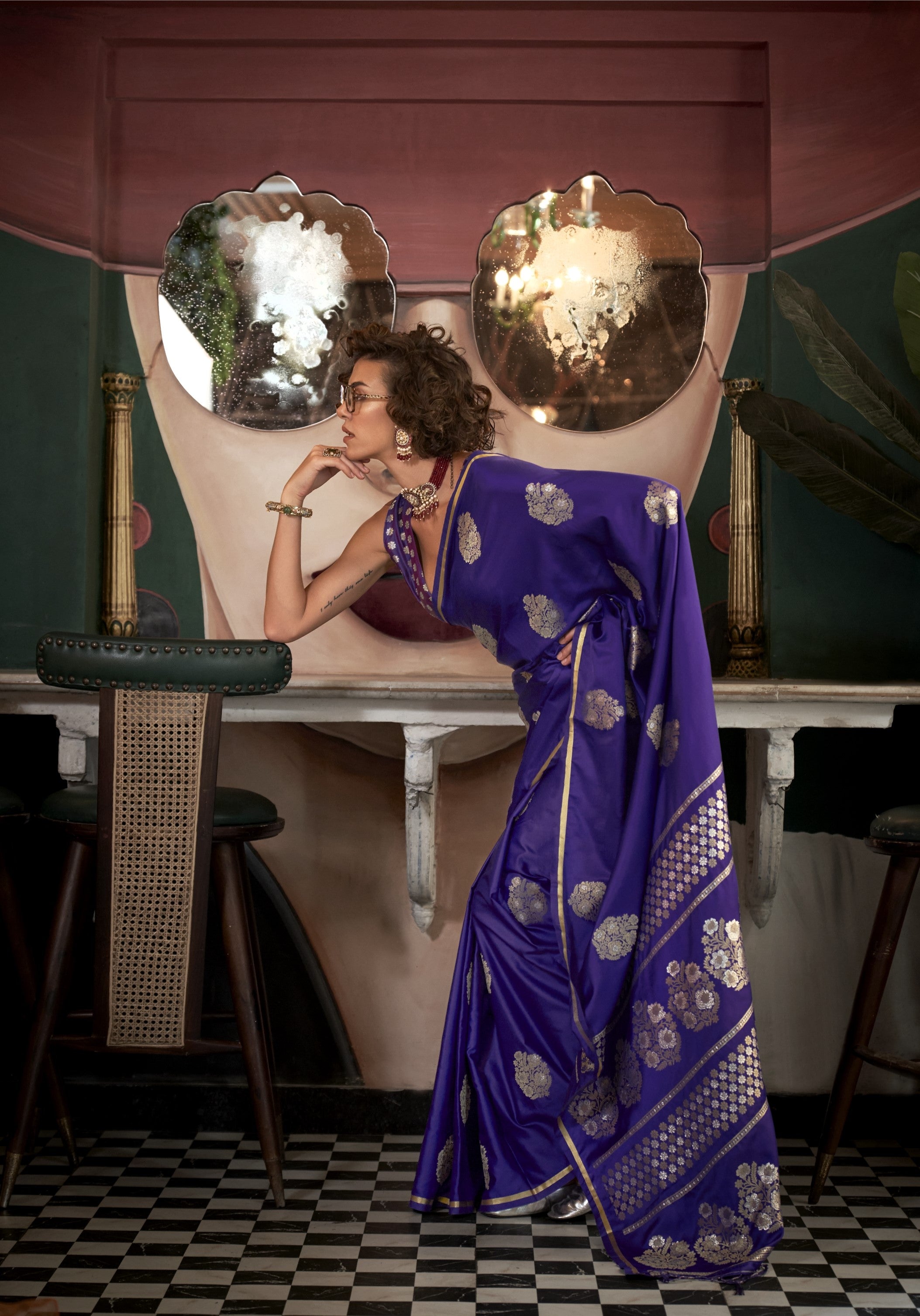 Nightshade Blue Satin Handloom Zari Weaving Saree With Blouse