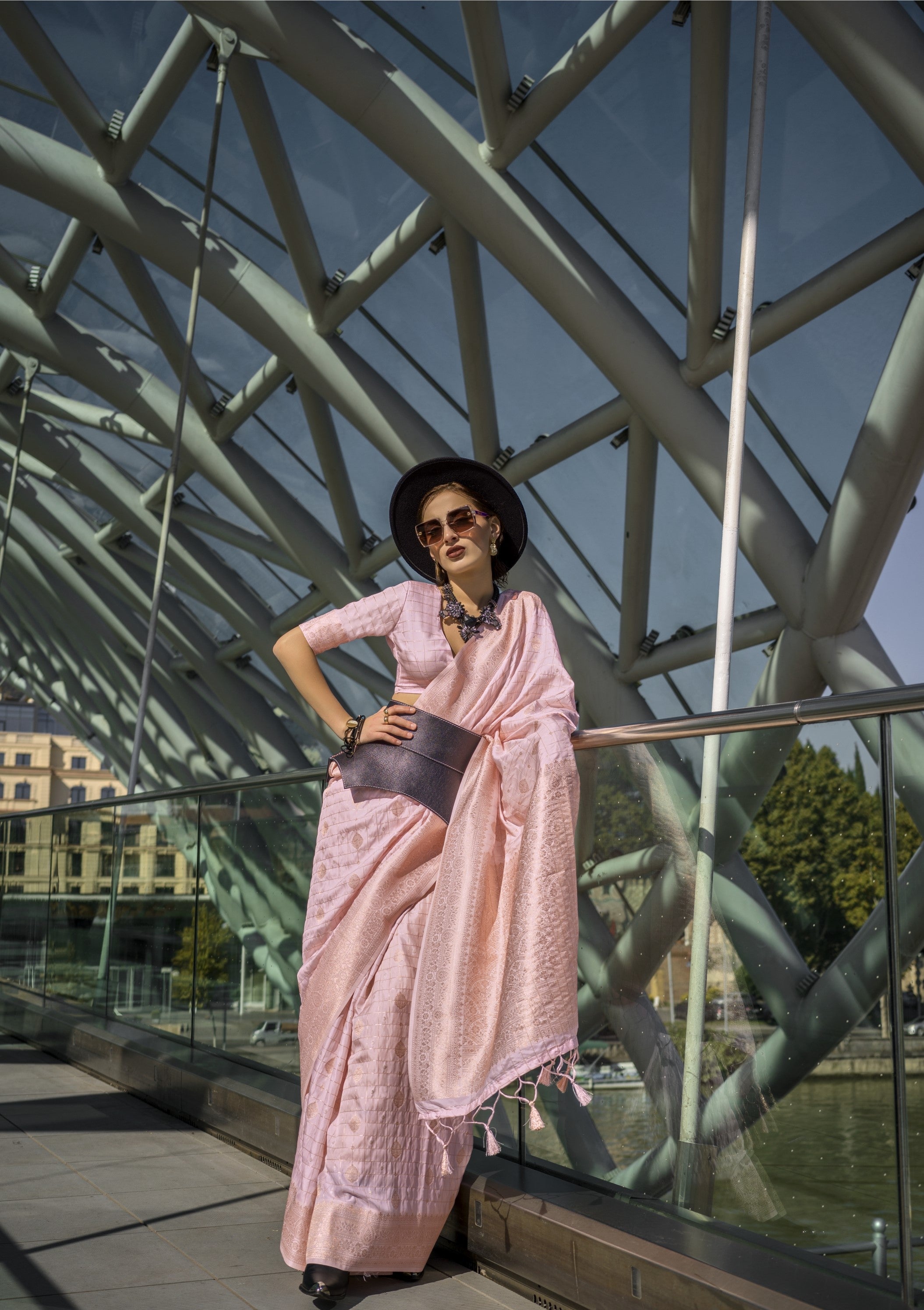 Baby Pink Katan Silk Handloom Weaving Saree With Blouse