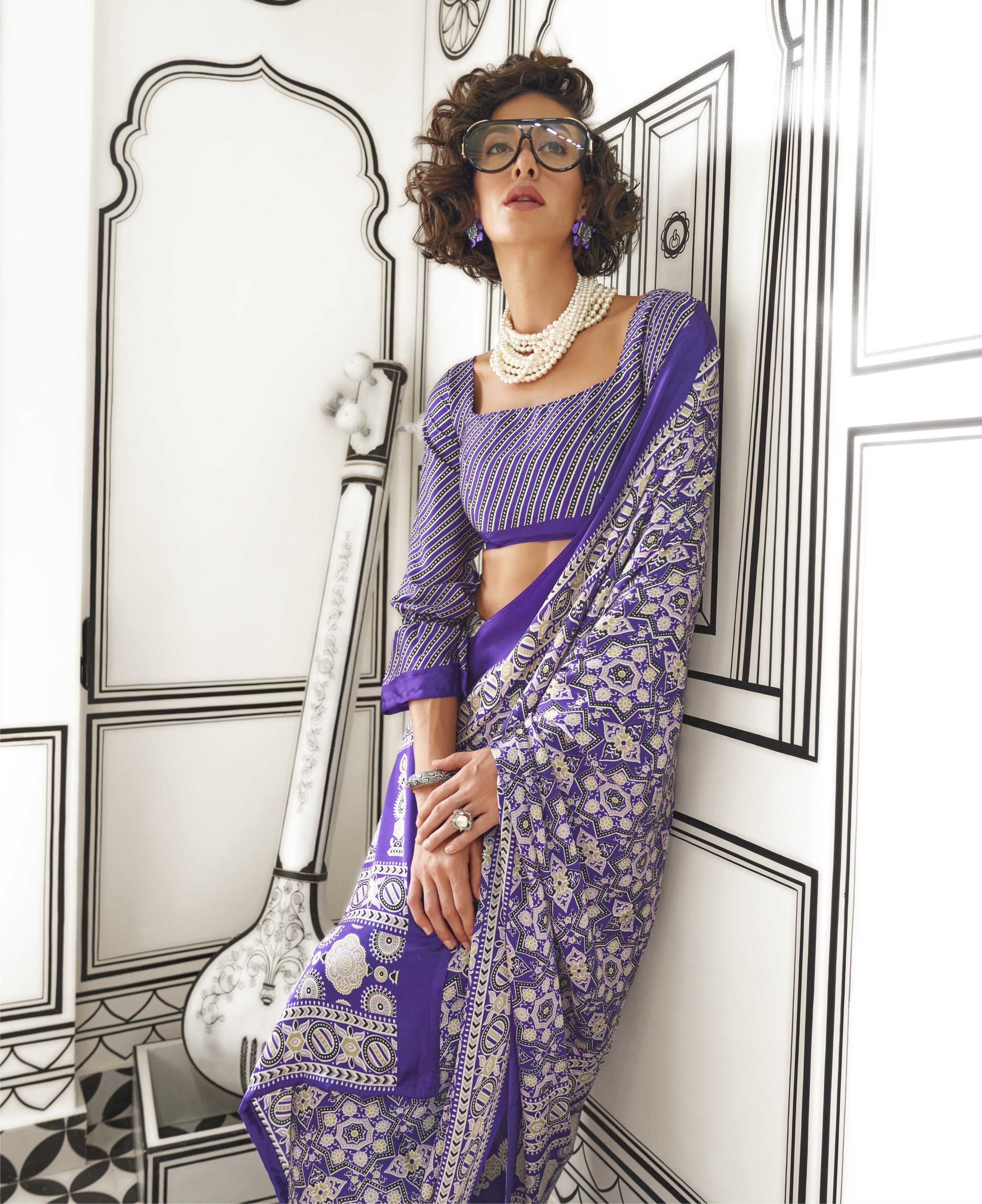 Purple & Multi Satin Crepe Ajrakh Printed Fancy Saree