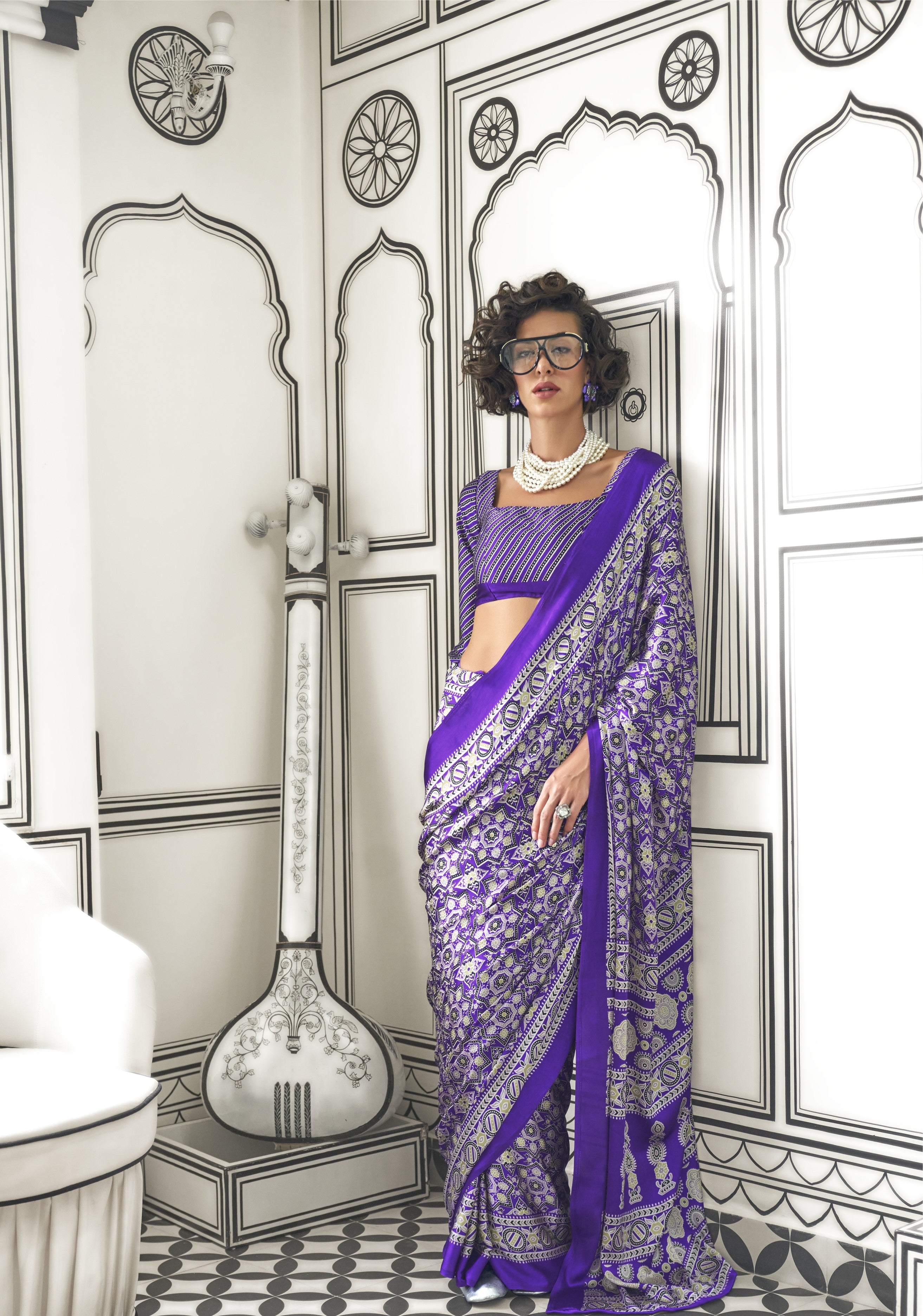 Purple & Multi Satin Crepe Ajrakh Printed Fancy Saree