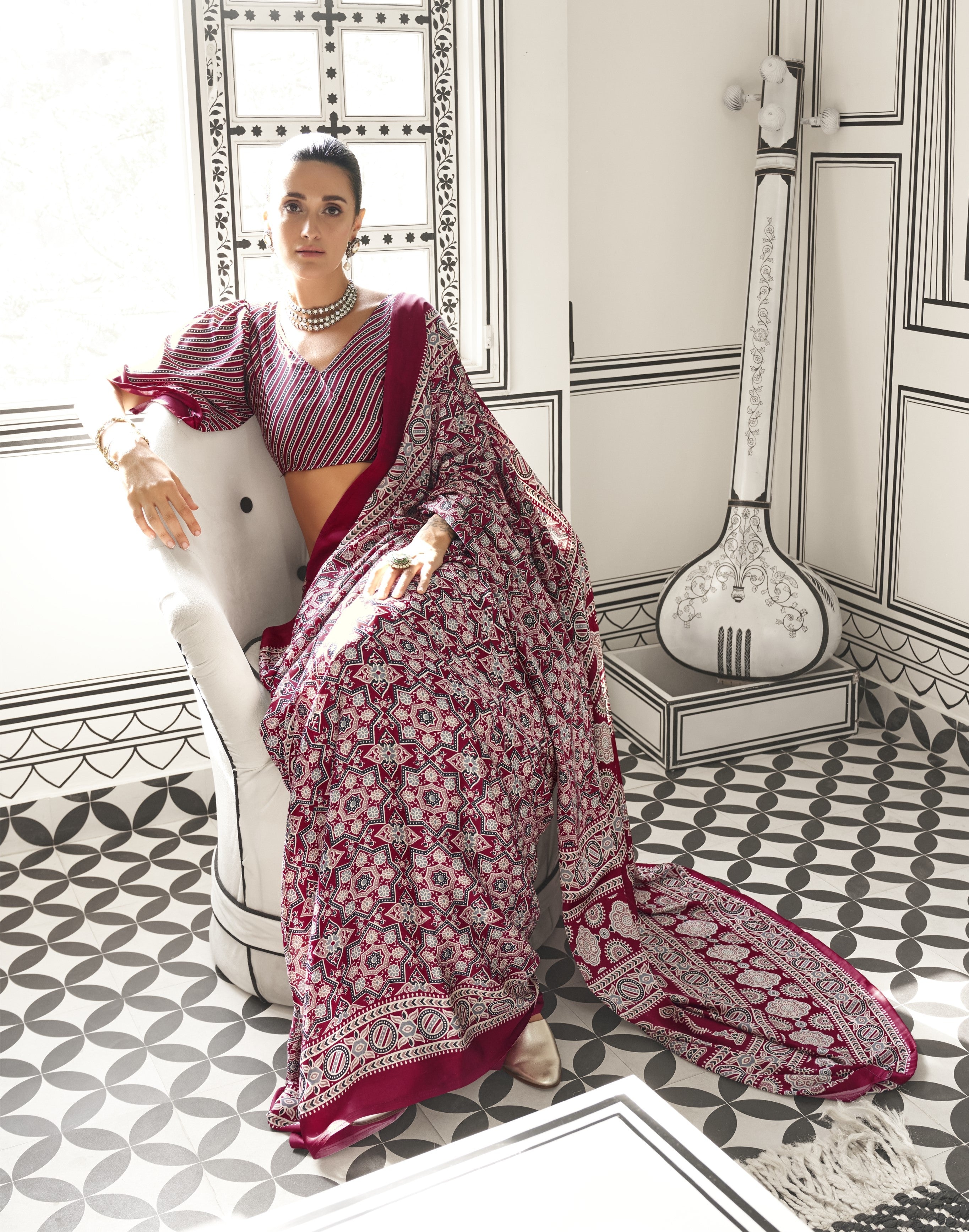 Maroon & Multi Satin Crepe Ajrakh Printed Fancy Saree