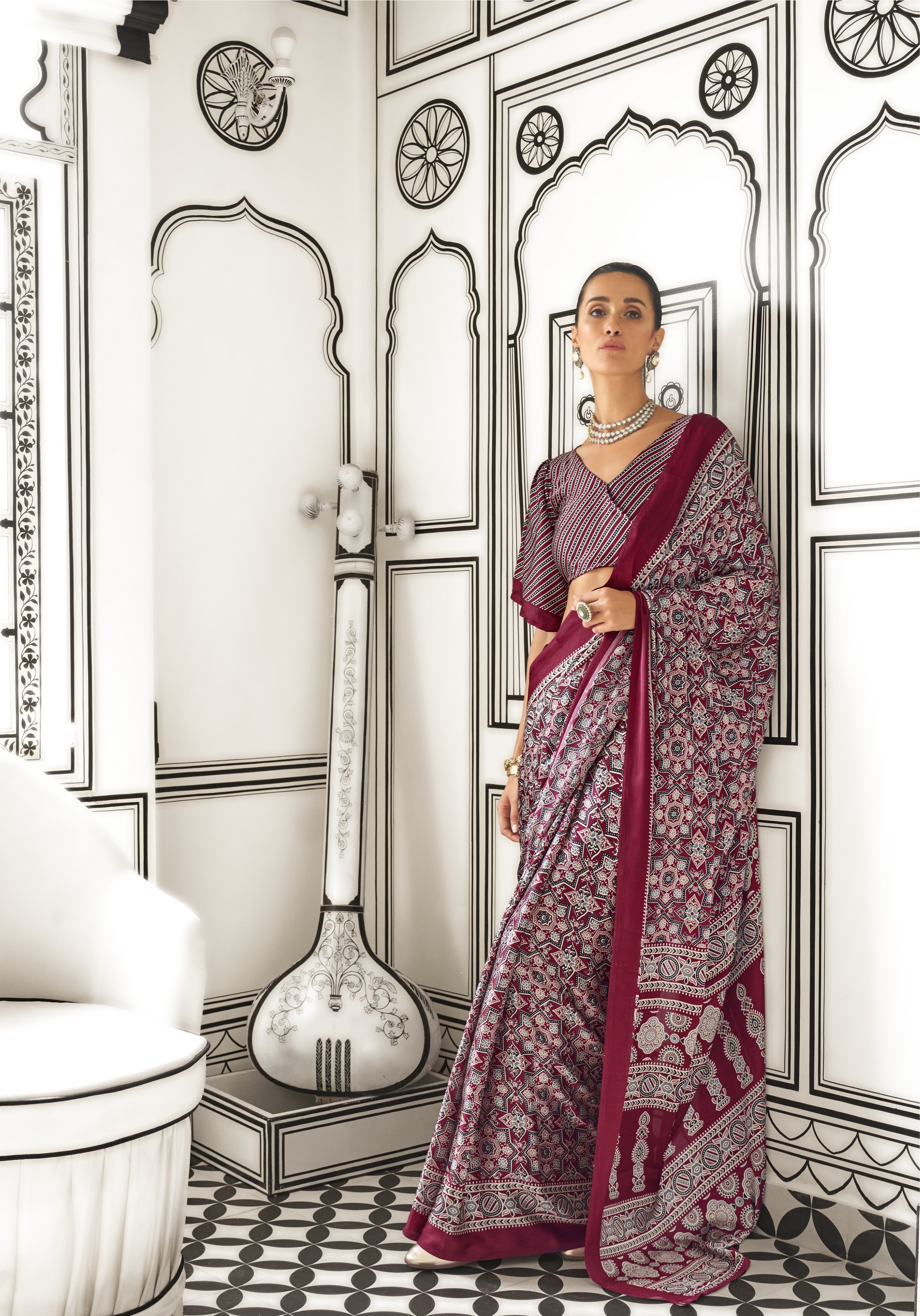 Maroon & Multi Satin Crepe Ajrakh Printed Fancy Saree