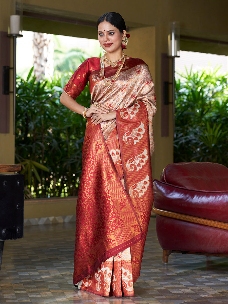 Cream & Maroon Banarasi Silk Woven Wedding Saree