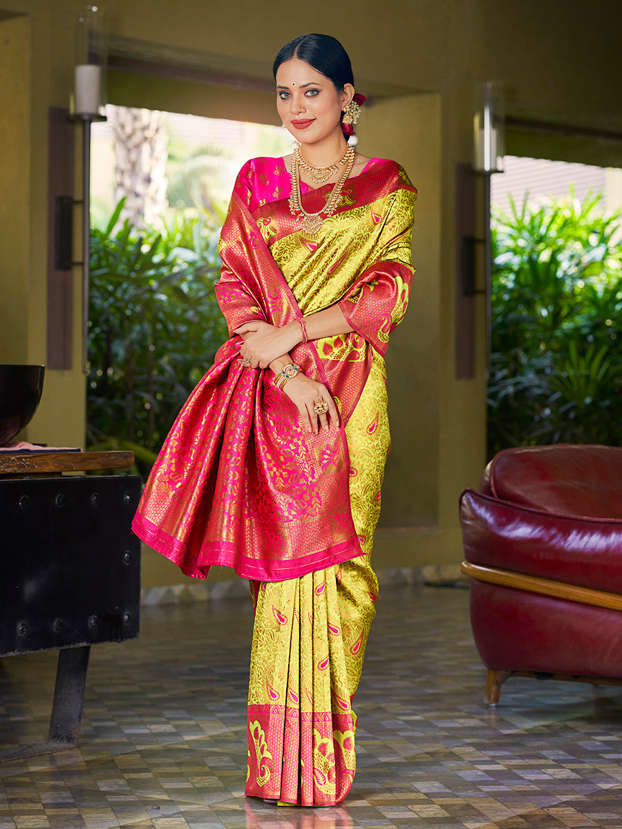 Yellow & Pink Banarasi Silk Woven Wedding Saree