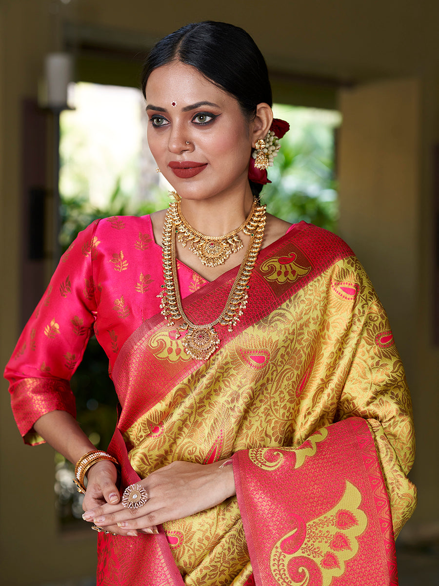 Yellow & Pink Banarasi Silk Woven Wedding Saree