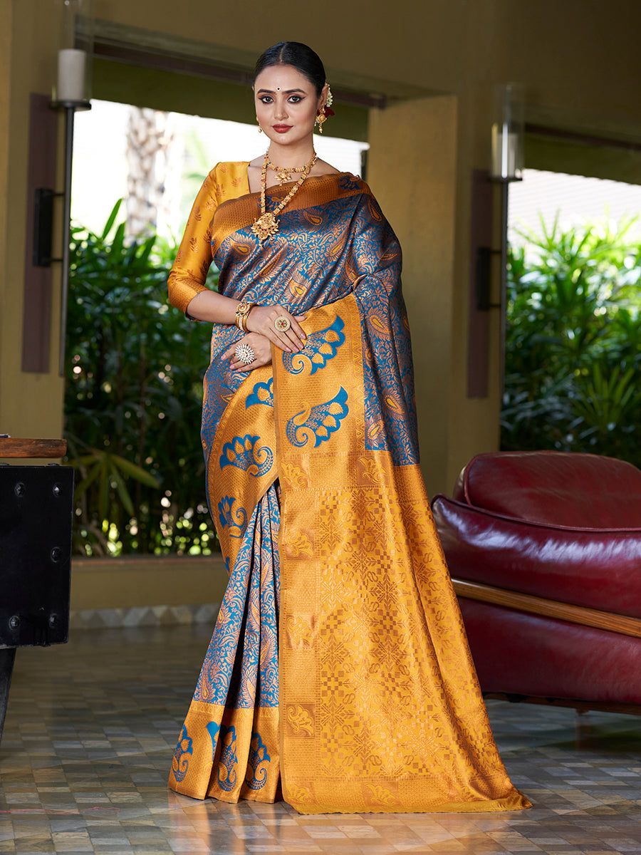 Rama & Yellow Banarasi Silk Woven Wedding Saree