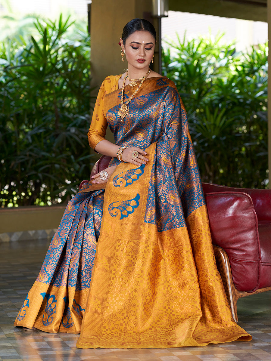 Rama & Yellow Banarasi Silk Woven Wedding Saree