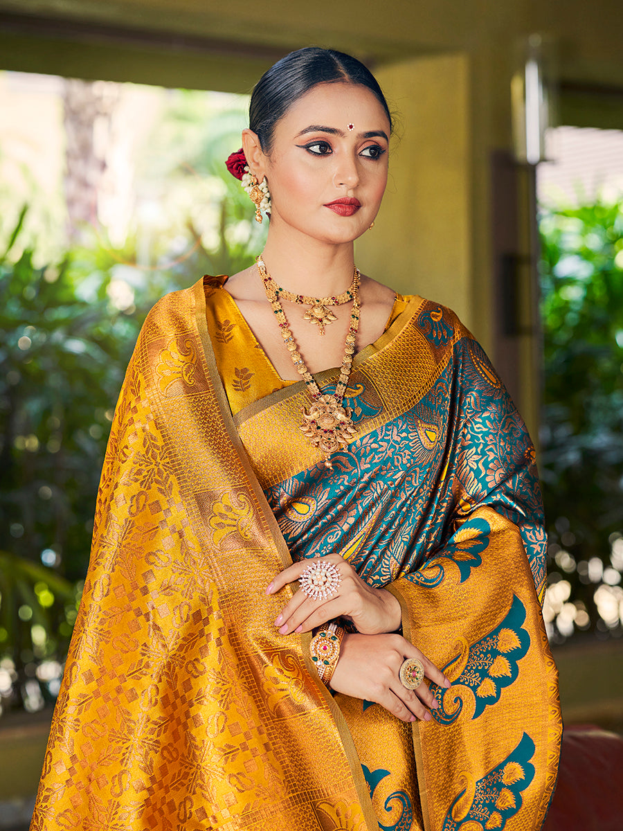 Rama & Yellow Banarasi Silk Woven Wedding Saree