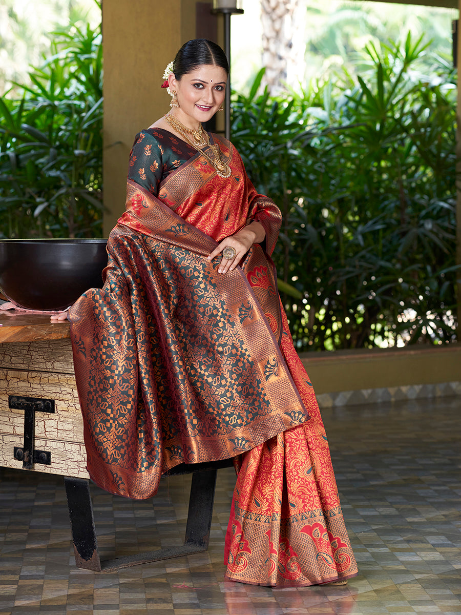 Red & Green Banarasi Silk Woven Wedding Saree