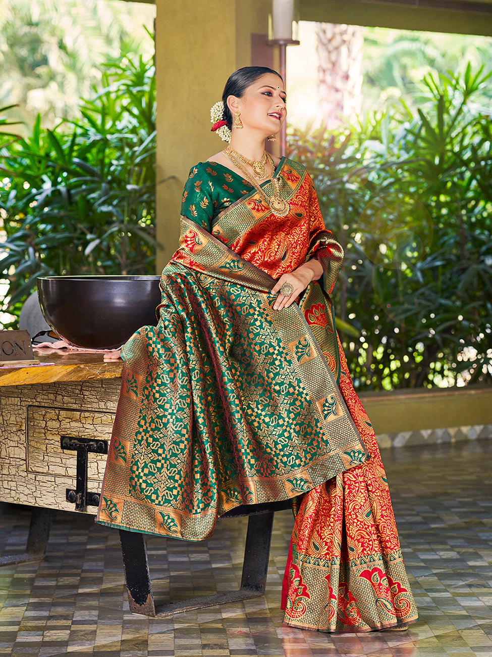 Red & Green Banarasi Silk Woven Wedding Saree