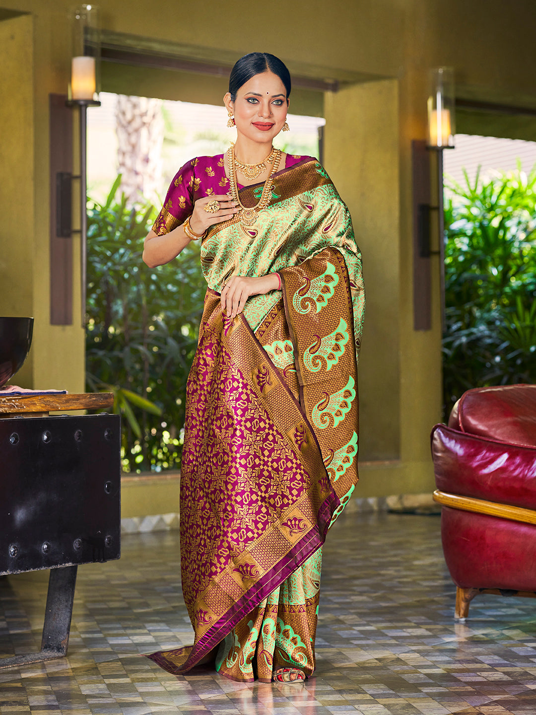 Sea Green & Purple Banarasi Silk Woven Wedding Saree