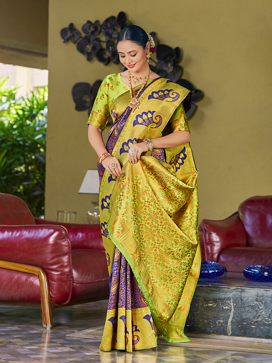 Blue & Yellow Banarasi Silk Woven Wedding Saree