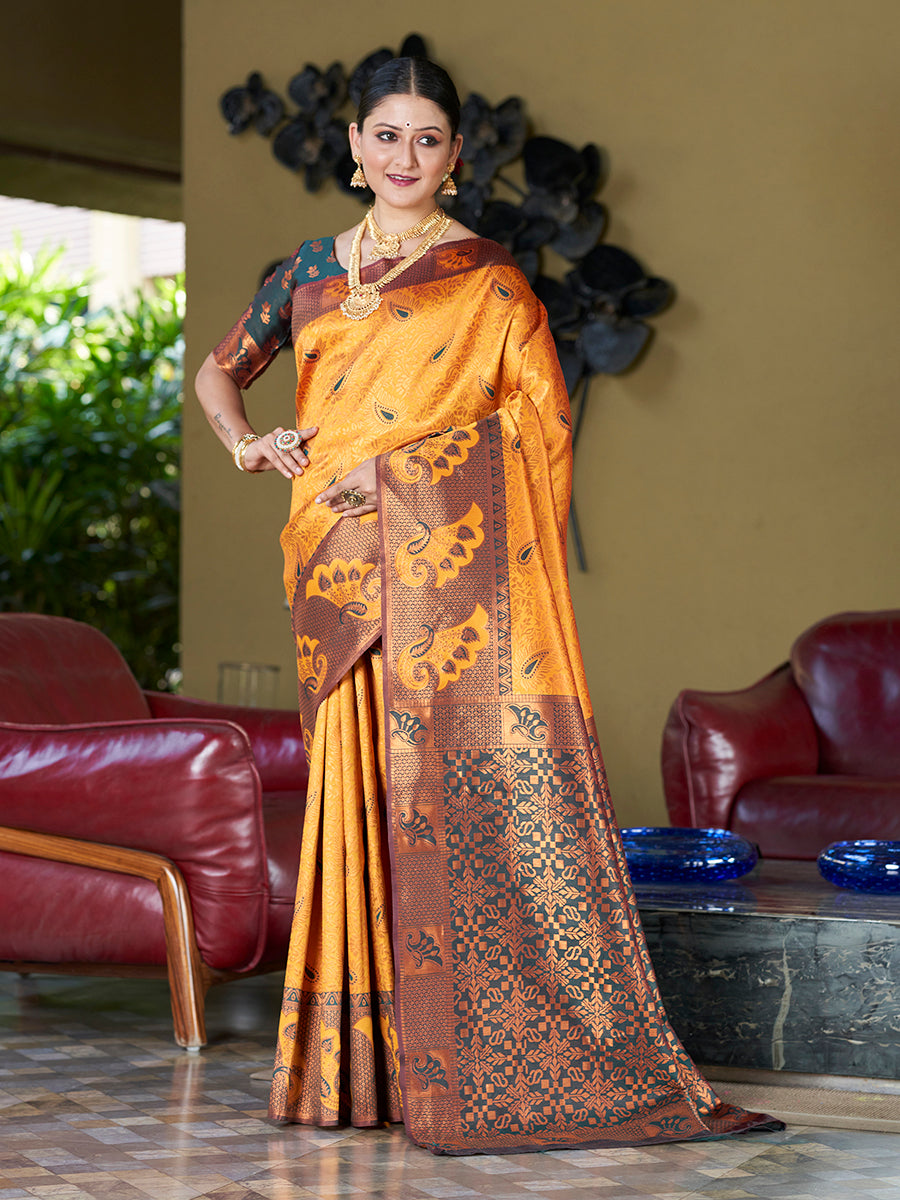 Mustard Yellow & Green Banarasi Silk Woven Wedding Saree