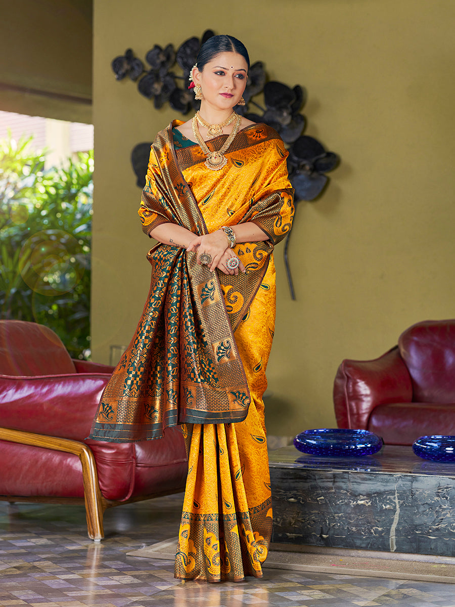 Mustard Yellow & Green Banarasi Silk Woven Wedding Saree