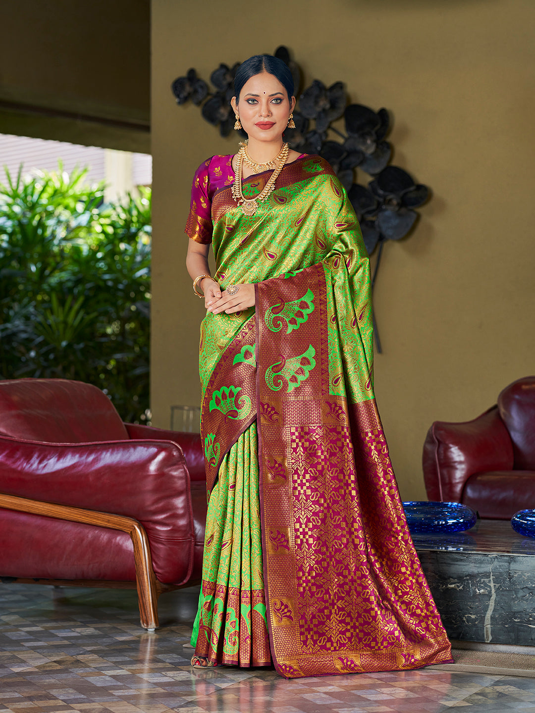 Light Green & Purple Banarasi Silk Woven Wedding Saree